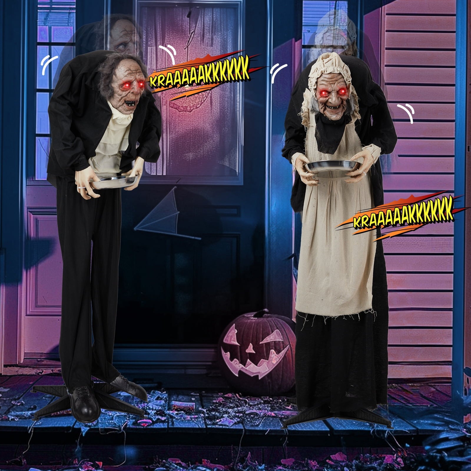 5ft Waiter Animated Halloween Decoration Creepy Halloween Animatronics Waiters w/ Pre-Recorded Screaming