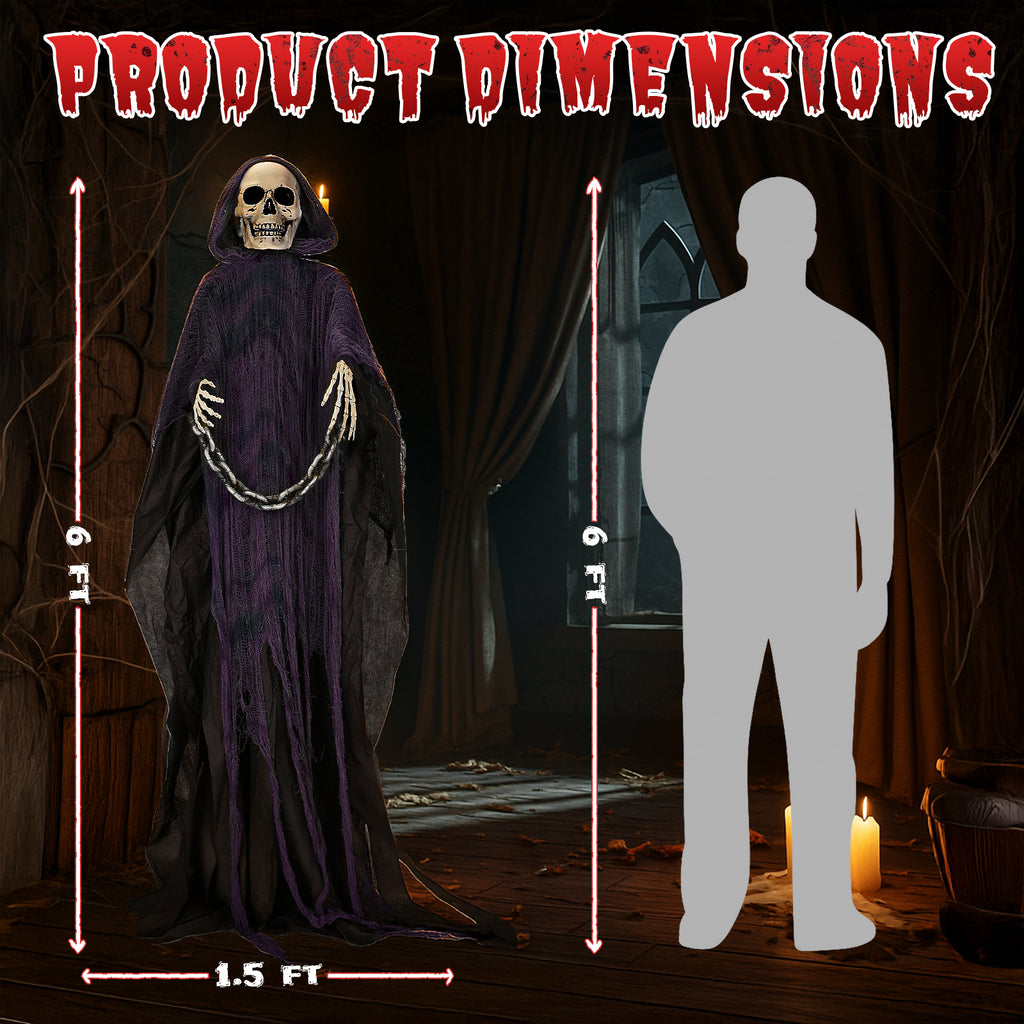 6' Halloween Decorations Animatronics Grim Reaper, Sound-Actived Party Deco for Garden Yard Lawn