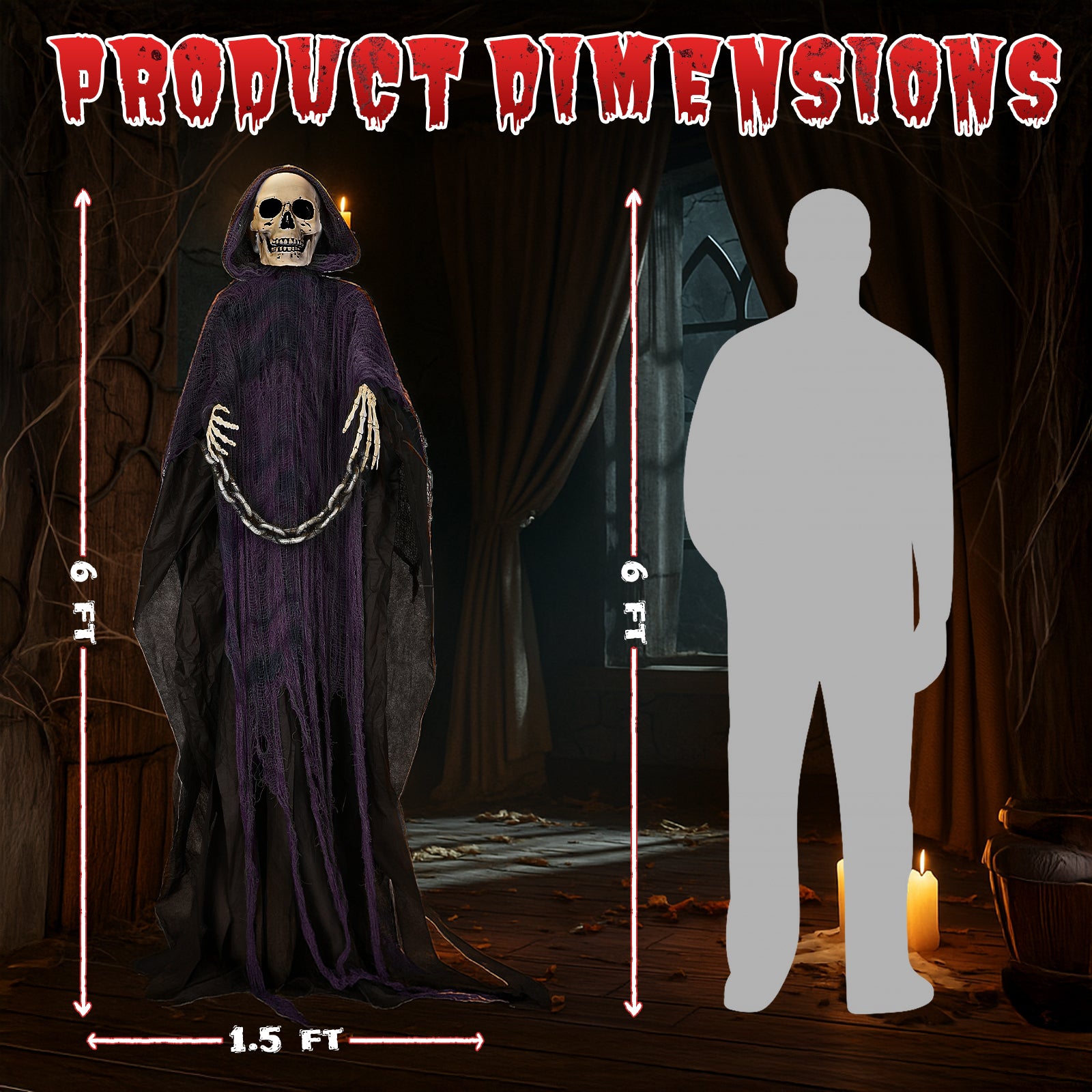 6' Halloween Decorations Animatronics Grim Reaper, Sound-Actived Party Deco for Garden Yard Lawn