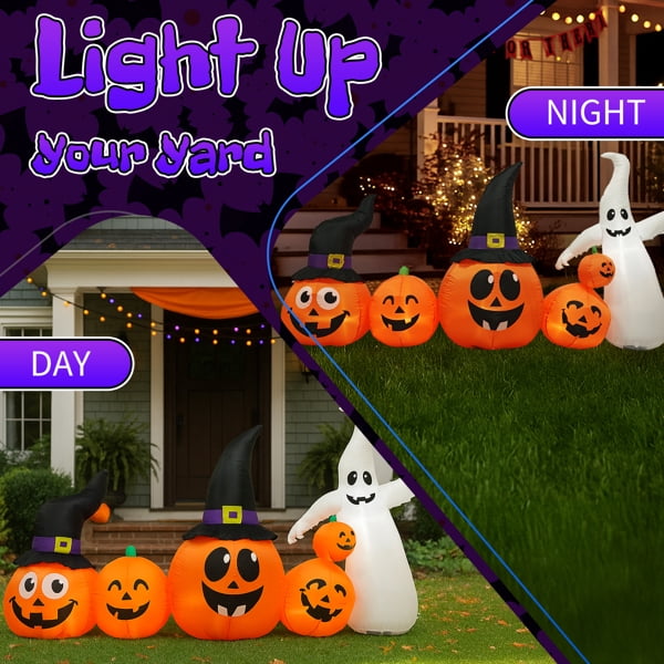 8FT Halloween Inflatable Pumpkin Ghost Scene, 5 Total LEDs, Waterproof Polyester, Quick Inflation with Stakes/Ropes for Yard/Garden/Indoor