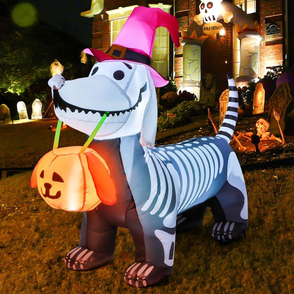 Halloween Inflatables 5.7 FT Halloween Skeleton Dog Inflatable, Halloween Skeleton Puppy Inflatable with Build-in LEDs, Outdoor Halloween Decorations Clearance for Halloween Holiday Party
