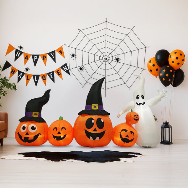 8FT Halloween Inflatable Pumpkin Ghost Scene, 5 Total LEDs, Waterproof Polyester, Quick Inflation with Stakes/Ropes for Yard/Garden/Indoor