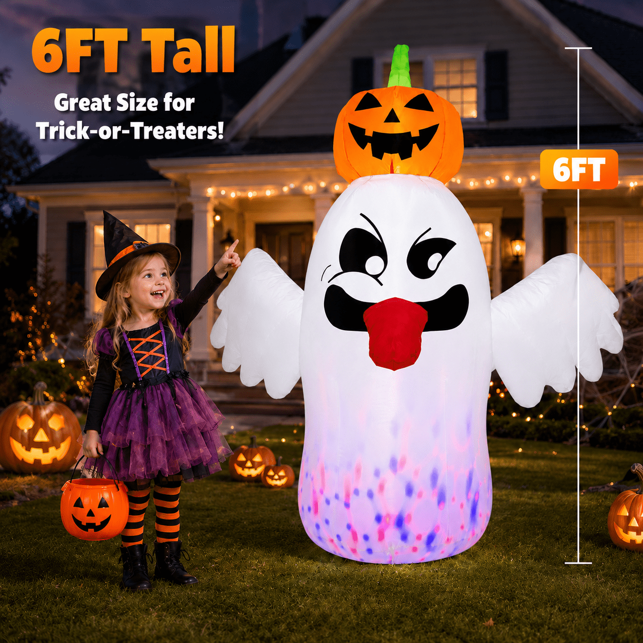 6FT Halloween Inflatable Ghost with Pumpkin Head, Light-Up Blow Up Outdoor Yard Decoration with White and RGB LED Lights