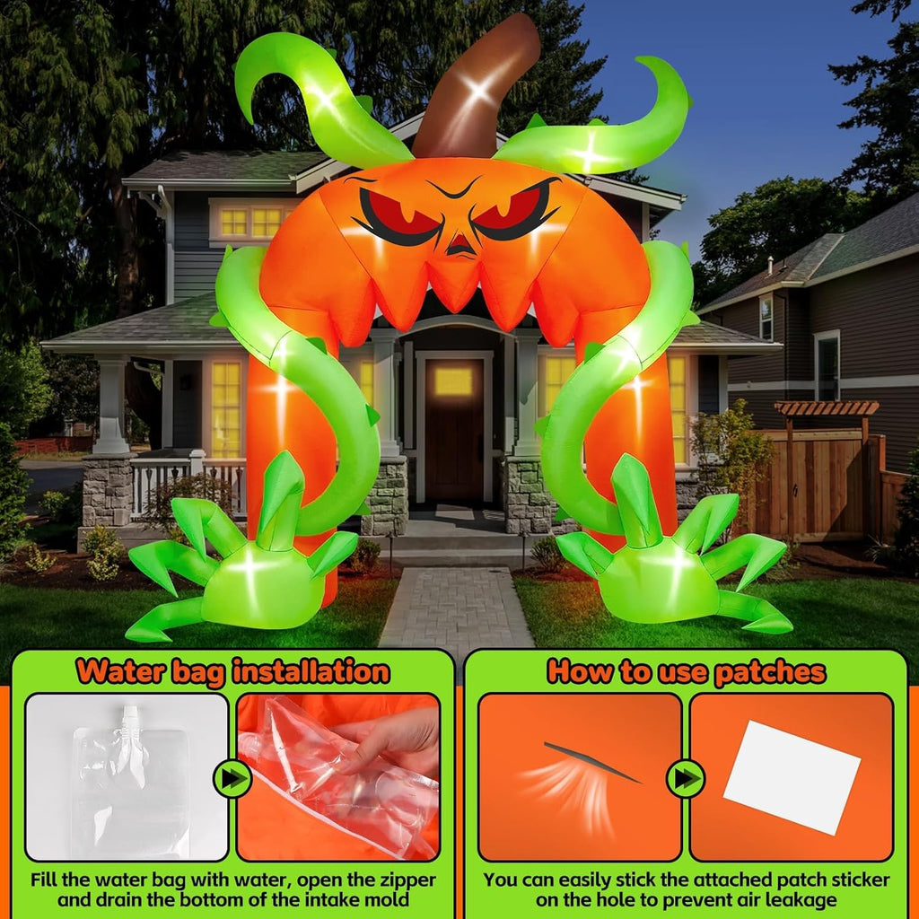 12FT Giant Halloween Pumpkin Arch Inflatable with LED Lights, Scary Blow-Up Decoration for Lawn, Garden, and Yard Holiday Party