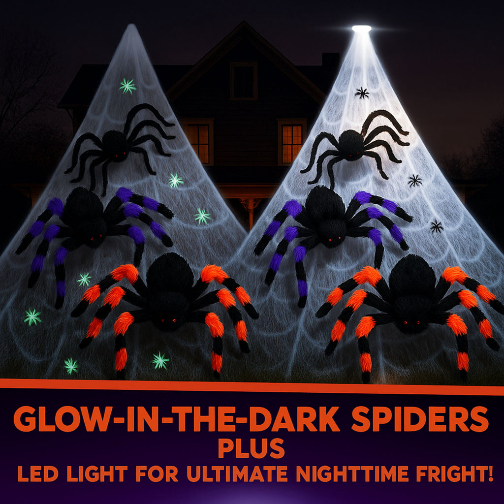 JoyX Giant Halloween Spider Web Decoration Set, 23 ft Huge Web with 50" Large Spider, LED Light, and Glow in The Dark Spiders for Outdoor Yard Decor
