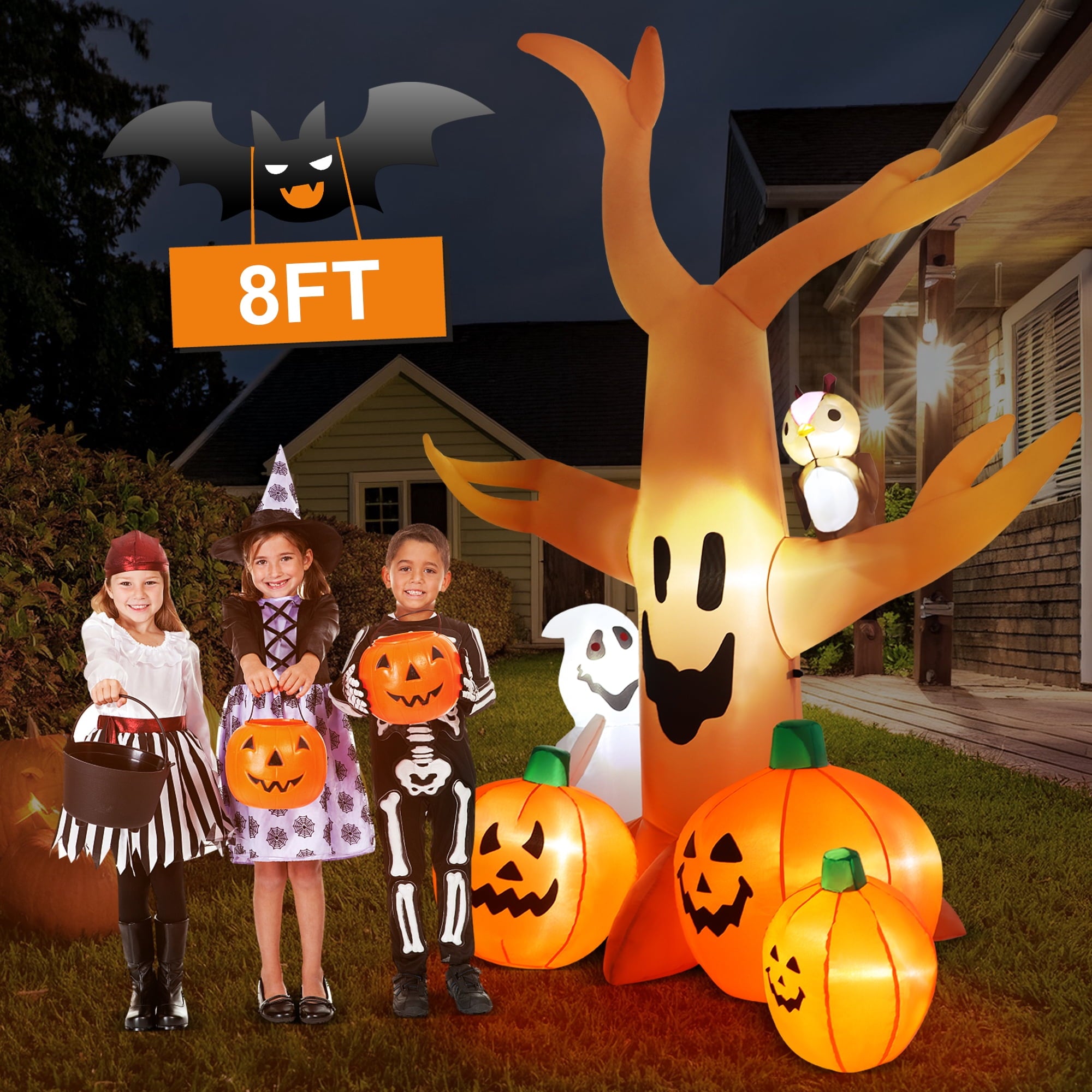 8FT Halloween Inflatables Dead Tree,Outdoor Halloween Decorations with Built-in LED Lights,Halloween Blow Up Yard Decorations with Pumpkin,Ghost,and Owl