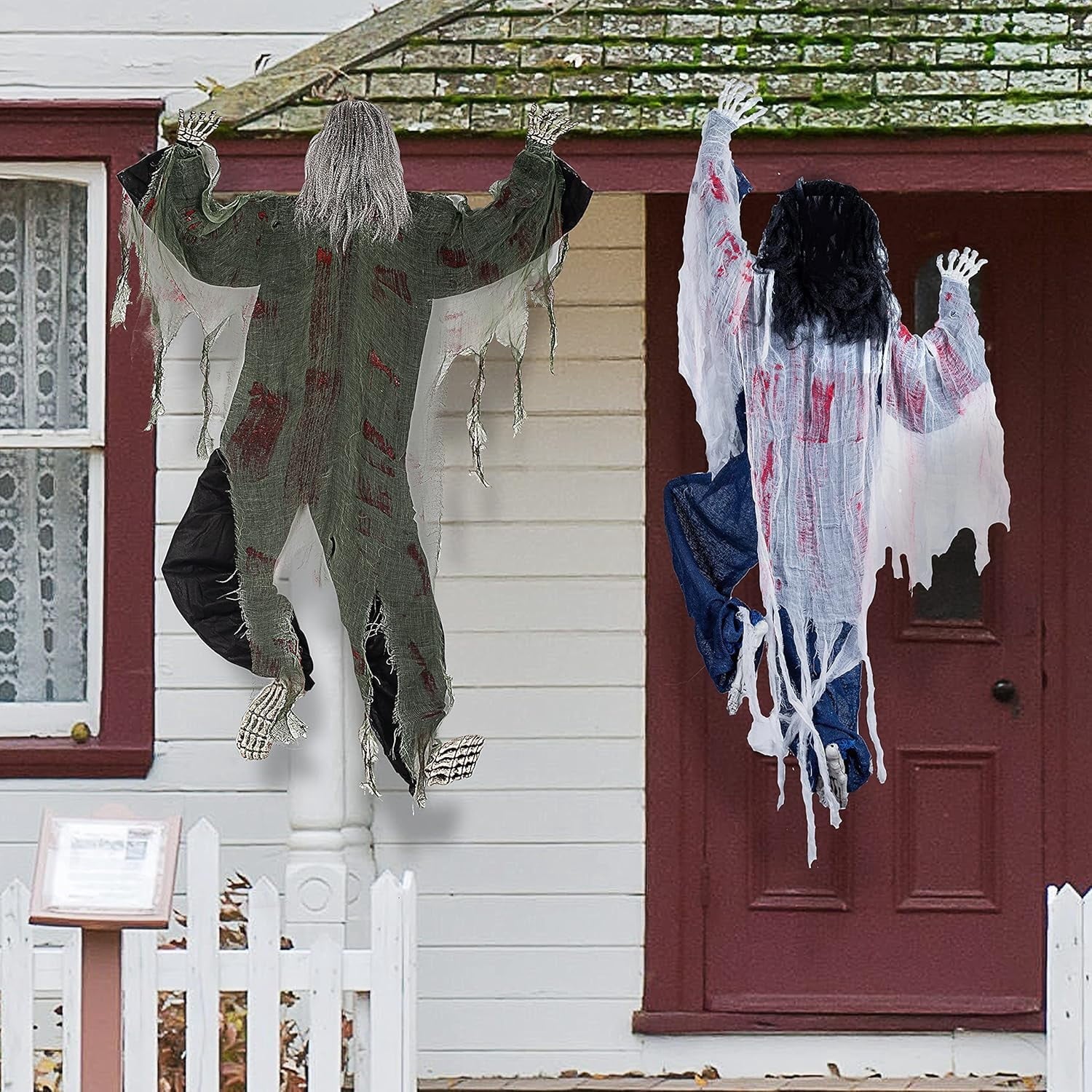 2 Pack 47 inch Halloween Decor Climbing Zombie Skeleton with Bloodstains,Halloween Hanging Decorations Indoor and Outdoor Yard Decorations