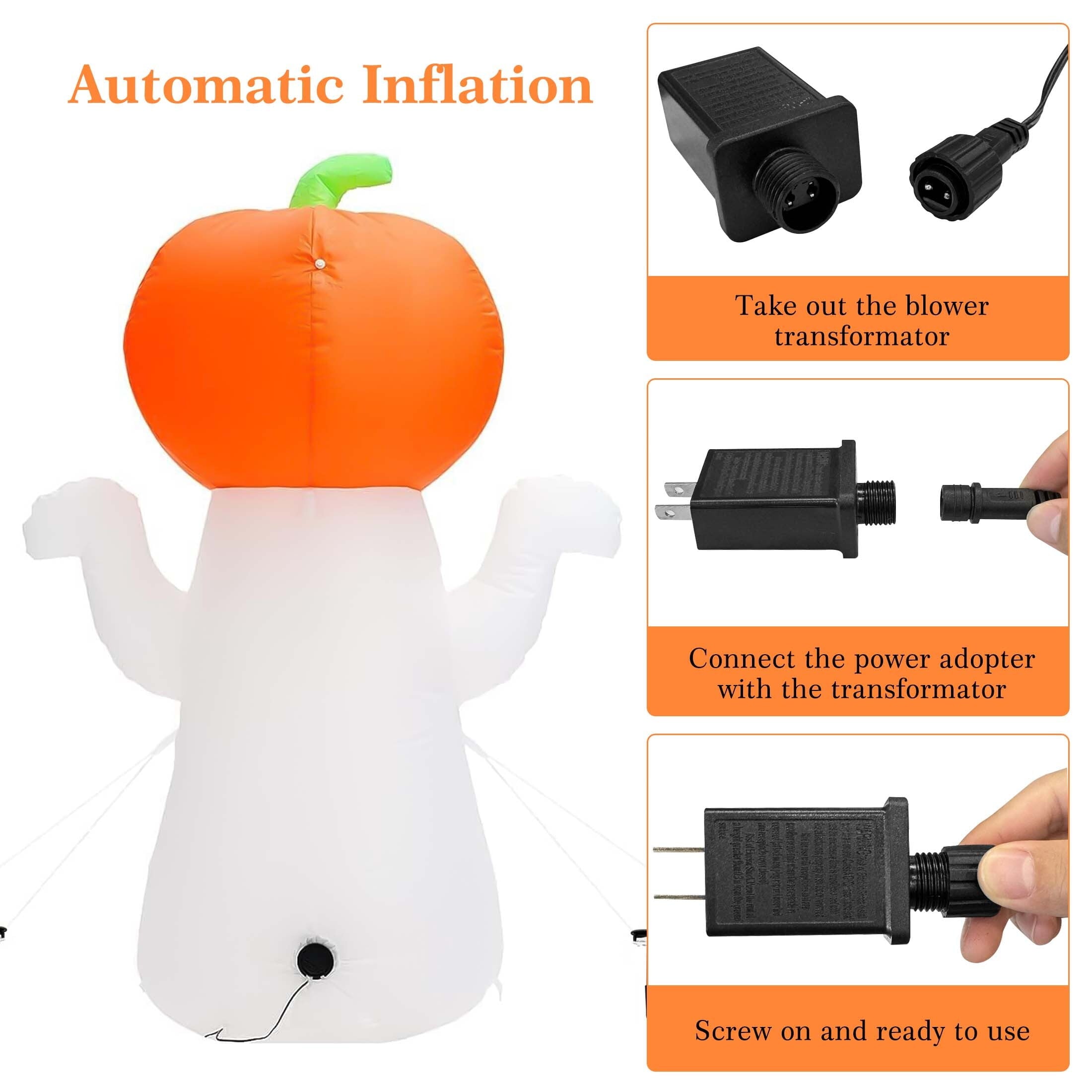 5Ft Halloween Inflatable Pumpkin Ghost with 360° Rotating Colorful LED Lights, Cute Indoor/Outdoor Decor for Party, Yard, Lawn