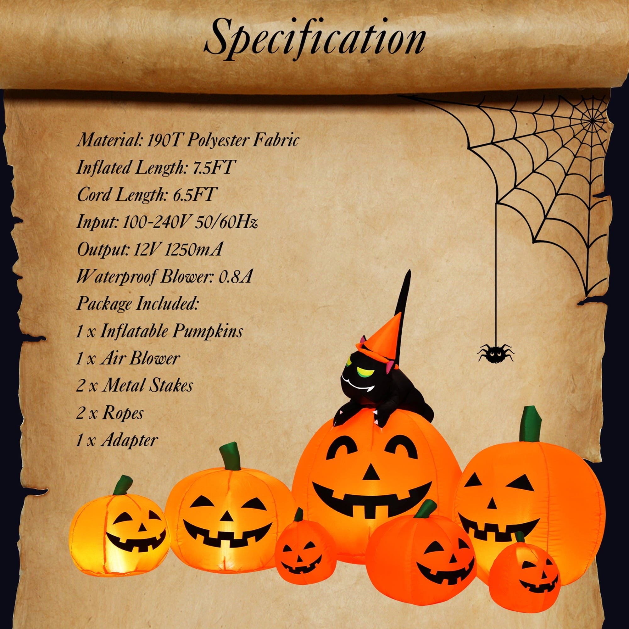 Gymax Inflatable Pumpkin Combo Halloween Decoration 7.5ft Length w/ LED Lights