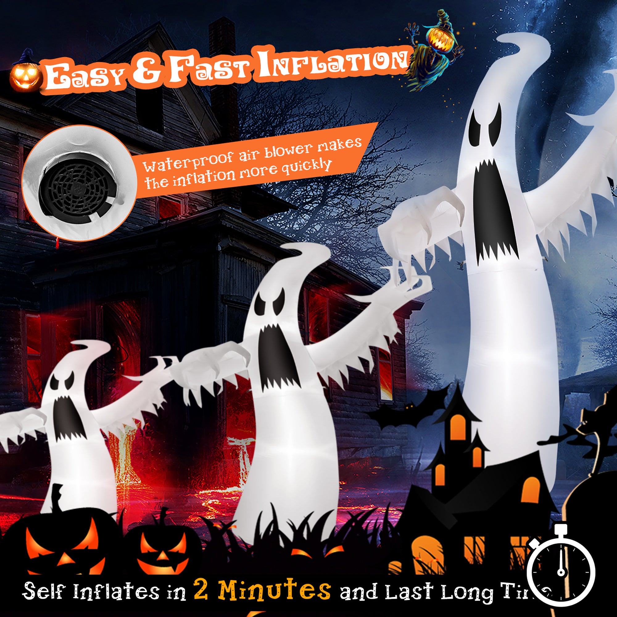 Costway 12ft Halloween Inflatable Ghost Quick Blow up w/LED Lights Outdoor Yard Scary Decoration