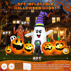 8 FT Long Halloween Inflatable Ghost with Witch Hat, 6 Pumpkins Halloween Blow Ups with Black Cat for Halloween Party Outdoor Yard Garden Lawn Decor