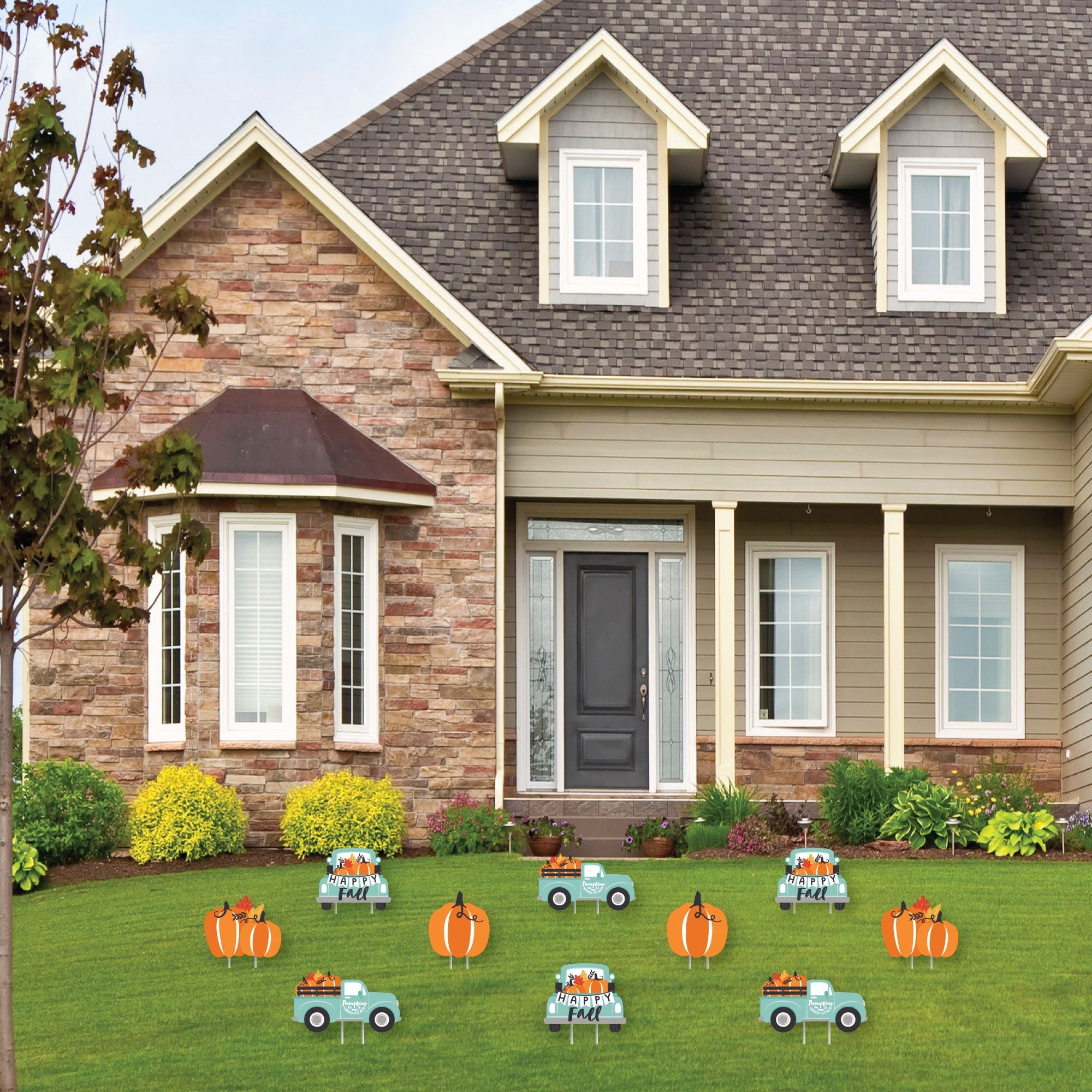 Big Dot of Happiness Happy Fall Truck - Lawn Decorations - Outdoor Harvest Pumpkin Party Yard Decorations - 10 Piece