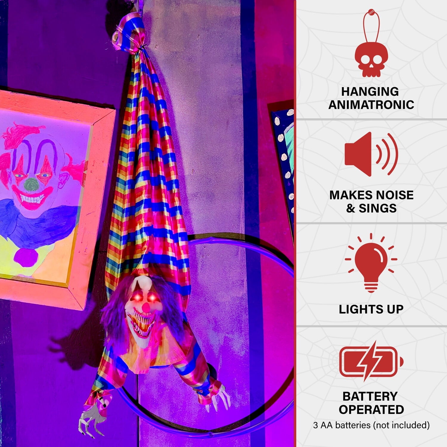 47 in Animatronic Hanging Upside Down Clown with Lights and Sound, Halloween Decoration, HHCLOWN-39HLSA