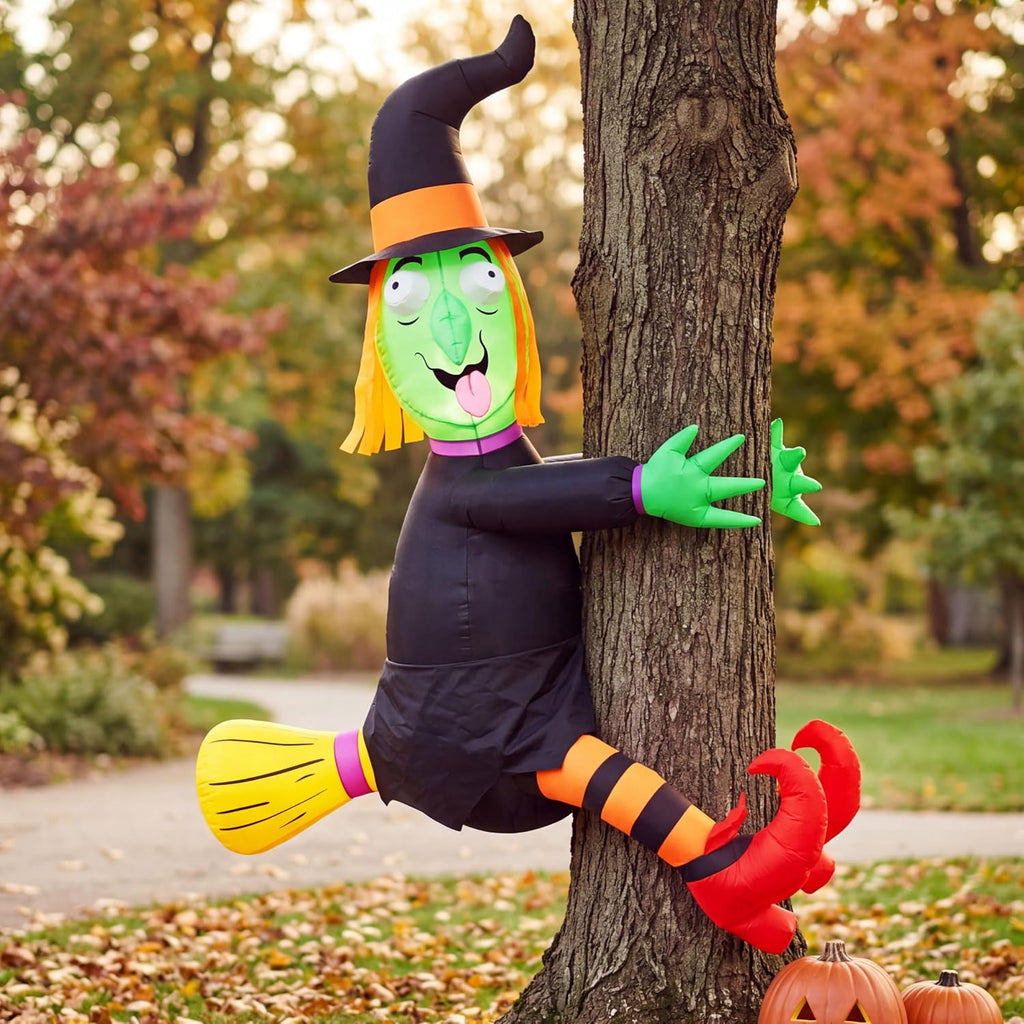 4 FT Halloween Inflatables Witch Crashing Into Tree,LED Lighted Blow Up Yard Decoration for Outdoor Garden Lawn Party Decor