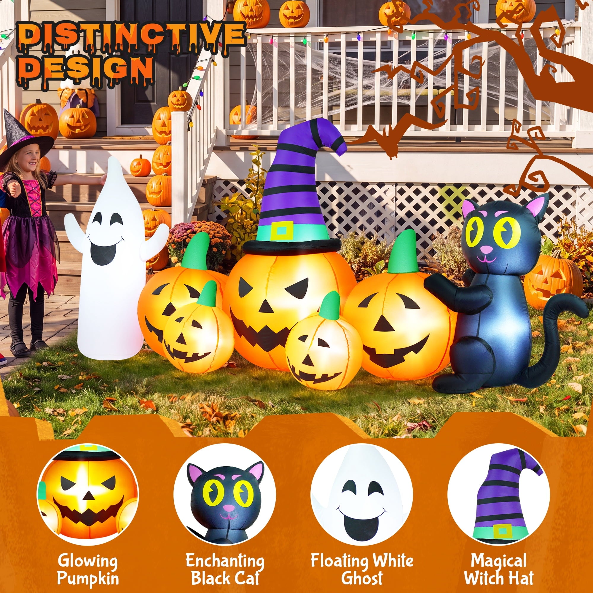 8FT Long Halloween Inflatable Pumpkin with Ghost and Black Cat,Outdoor Halloween Decoration with LED Lights for Yard Lawn Garden Porch Party Decor