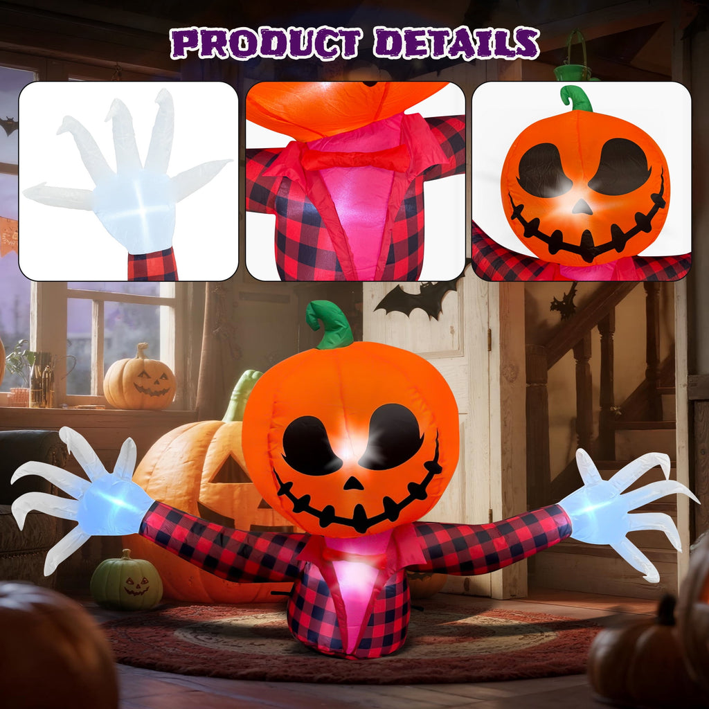 5 FT Halloween Inflatable Pumpkin Ghost  Outdoor LED Blow-Up Decoration with Giant Arms, Light-Up Eyes, Waterproof Yard Decor for Lawn and Garden
