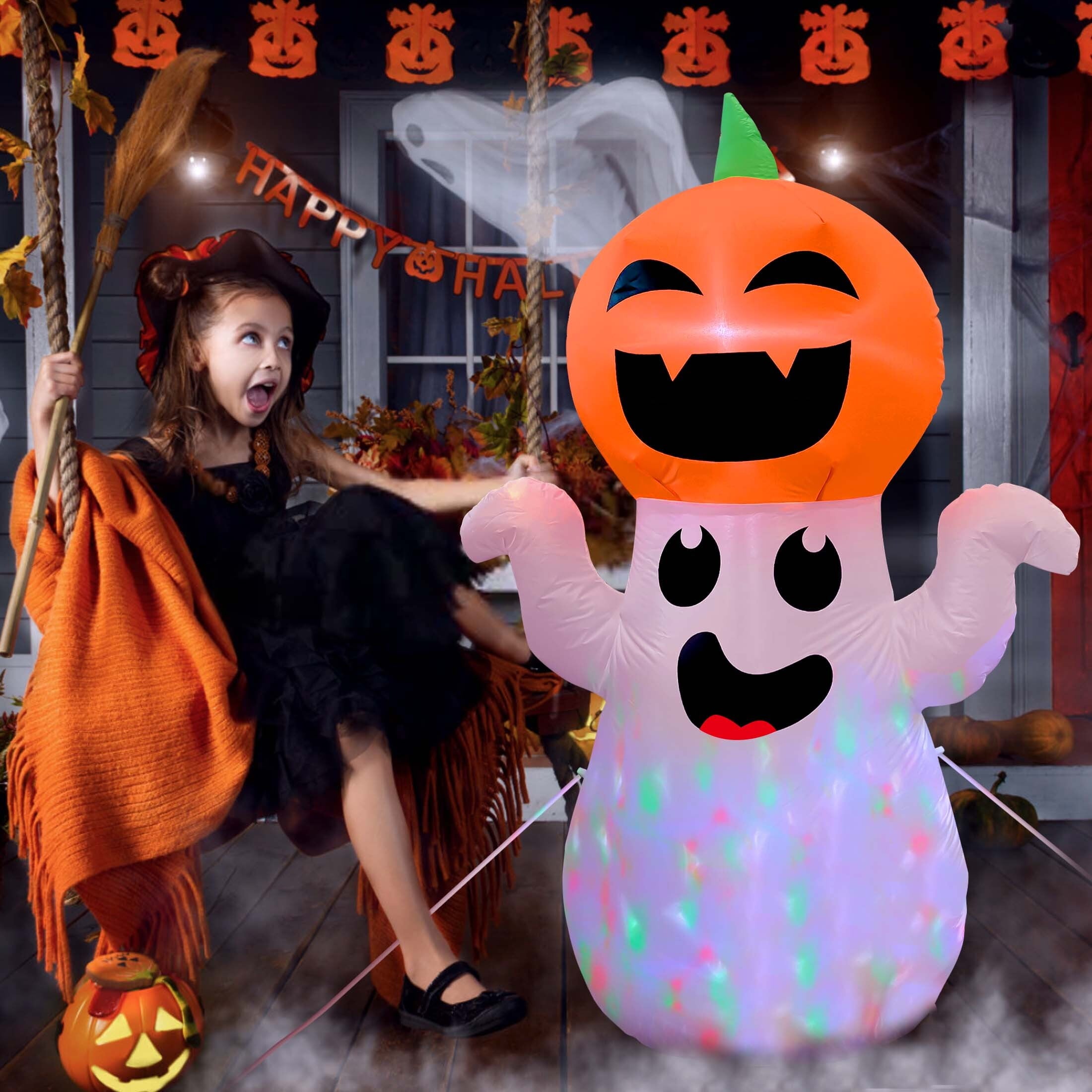 5Ft Halloween Inflatable Pumpkin Ghost with 360° Rotating Colorful LED Lights, Cute Indoor/Outdoor Decor for Party, Yard, Lawn