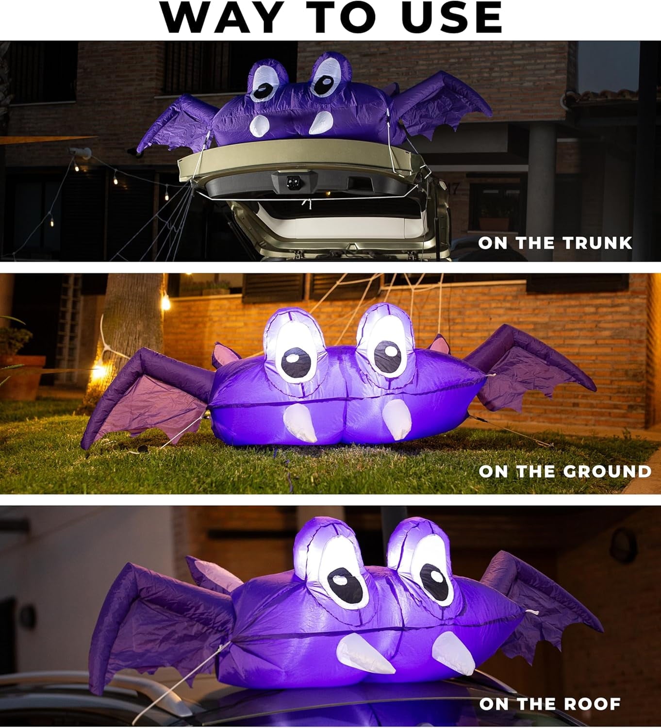 Zone Tech 6 FT Inflatable Bat Car Trunk Decor with Built-in LEDs, Blow Up Decoration for Halloween (1-Pack)
