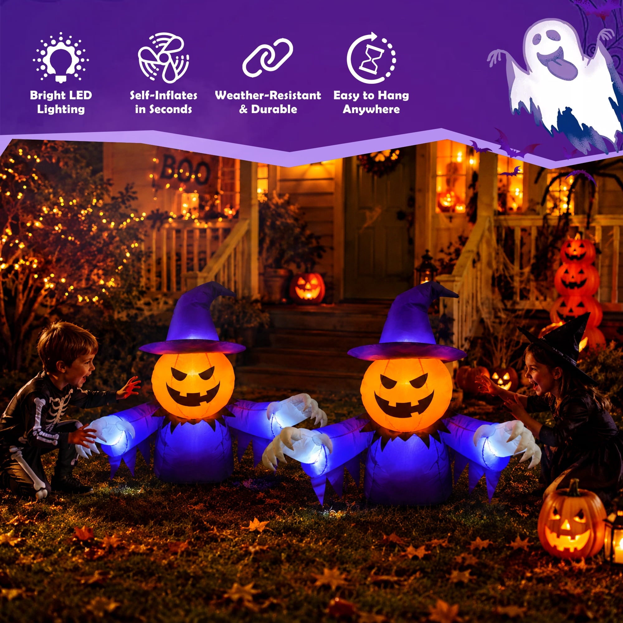 2-in-1 Halloween Inflatable Pumpkin Ghost,4 FT Halloween Window Decoration, Blow Up Outdoor Halloween Decor for Yard, Garden, Lawn, Porch,Indoor Outdoor Party
