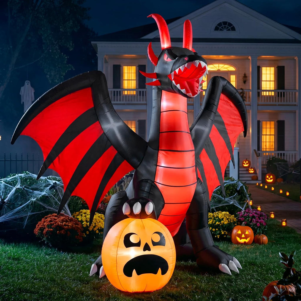 8 ft Halloween Inflatable Fire Dragon with Pumpkin,Animated Moving Mouth & Internal LED Lights,Blow Up Yard Decor Outdoor Lawn Garden Indoor Porch Patio Spooky Halloween Decoration