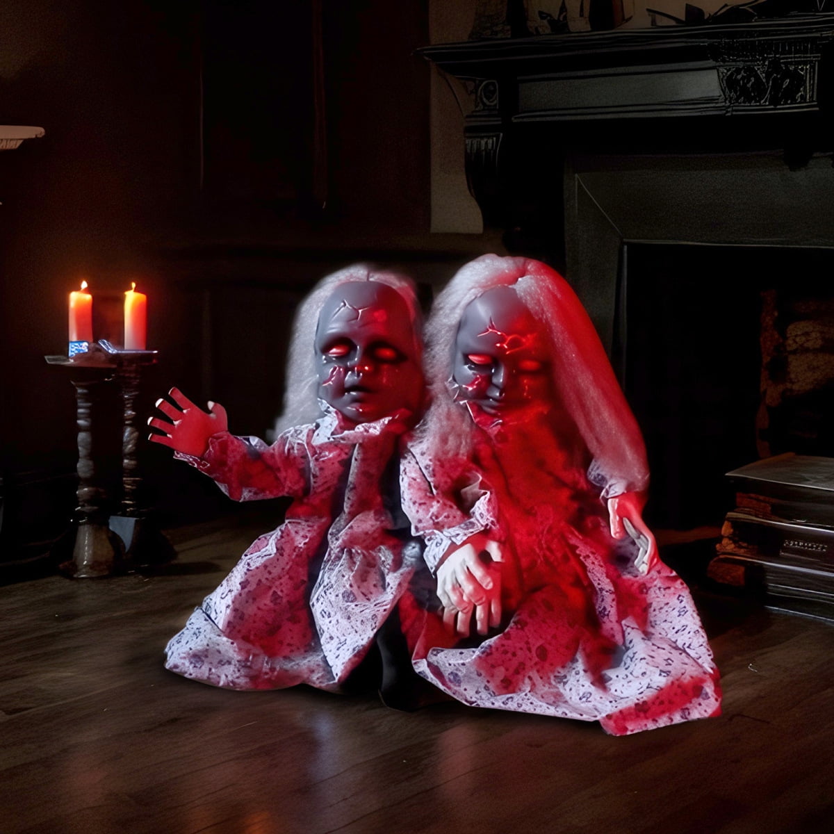2.8ft Halloween Scary Yard Decorations, Twin Girls Halloween Standing Decoration, Animated Haunted House Halloween Party Prop Decoration, with Creepy Sounds, for Front Porch, Patio, Yard, Lawn, Garden