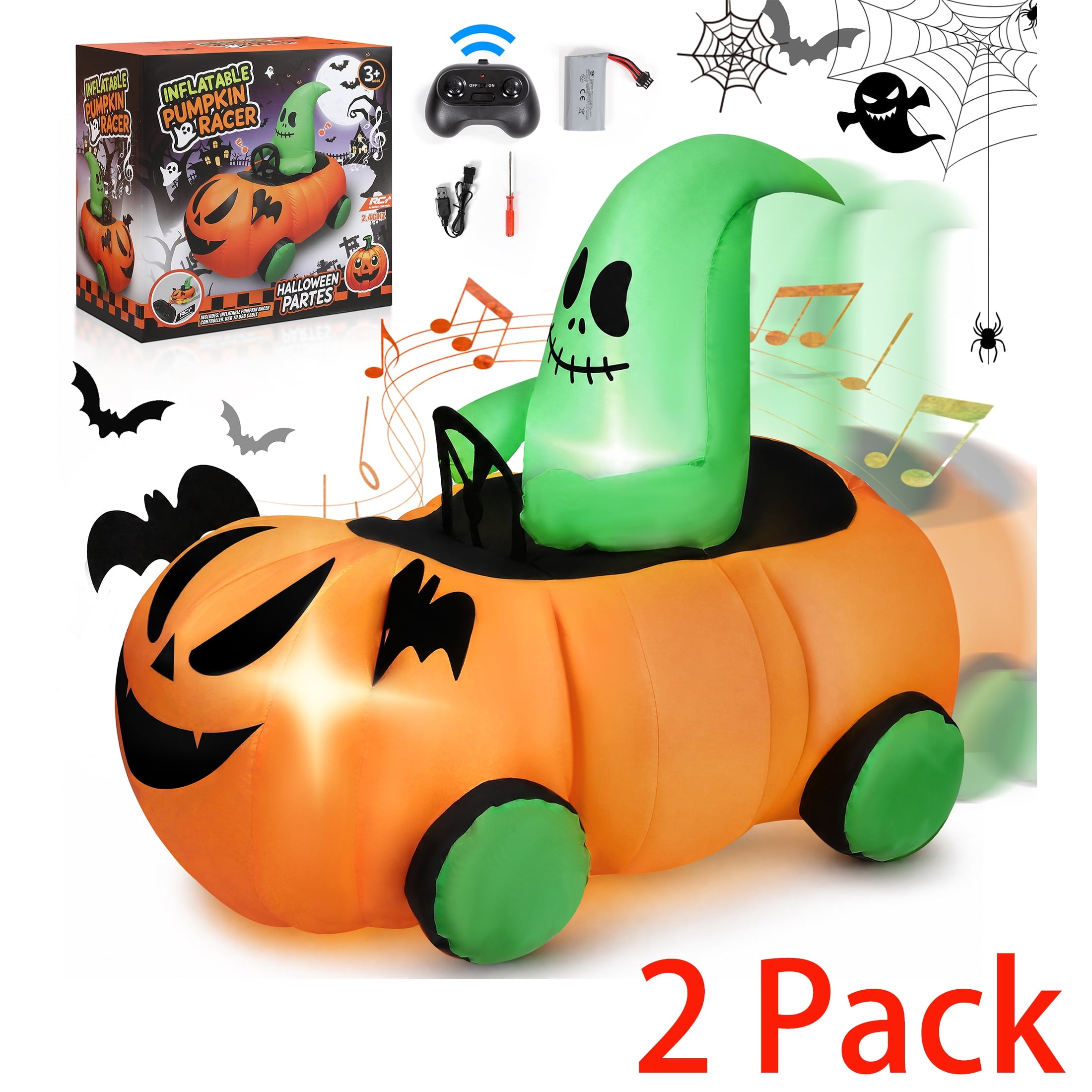 (2 pack) 2.6ft Halloween Inflatable with Music and Lights,Remote Control Pumpkin Ghost Car,Blow ups Rc Car,Indoor Outdoor,Orange Green