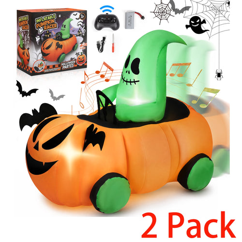 (2 pack) 2.6ft Halloween Inflatable with Music and Lights,Remote Control Pumpkin Ghost Car,Blow ups Rc Car,Indoor Outdoor,Orange Green