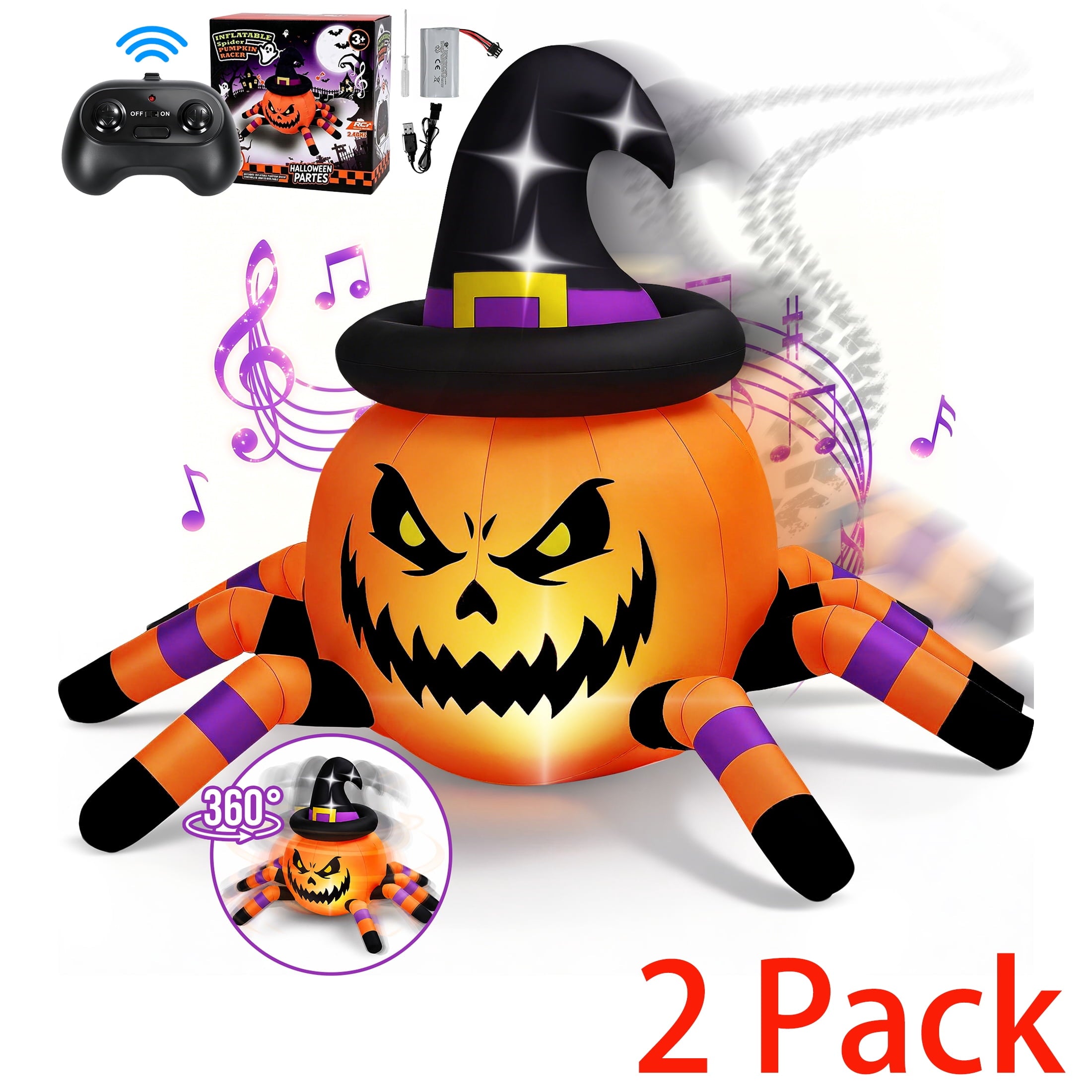 (2 pack) 2.6ft Remote Control Halloween Inflatable with Music Lights,Pumpkin Spider Car Blow ups Rc Car,Indoor Outdoor Decorations