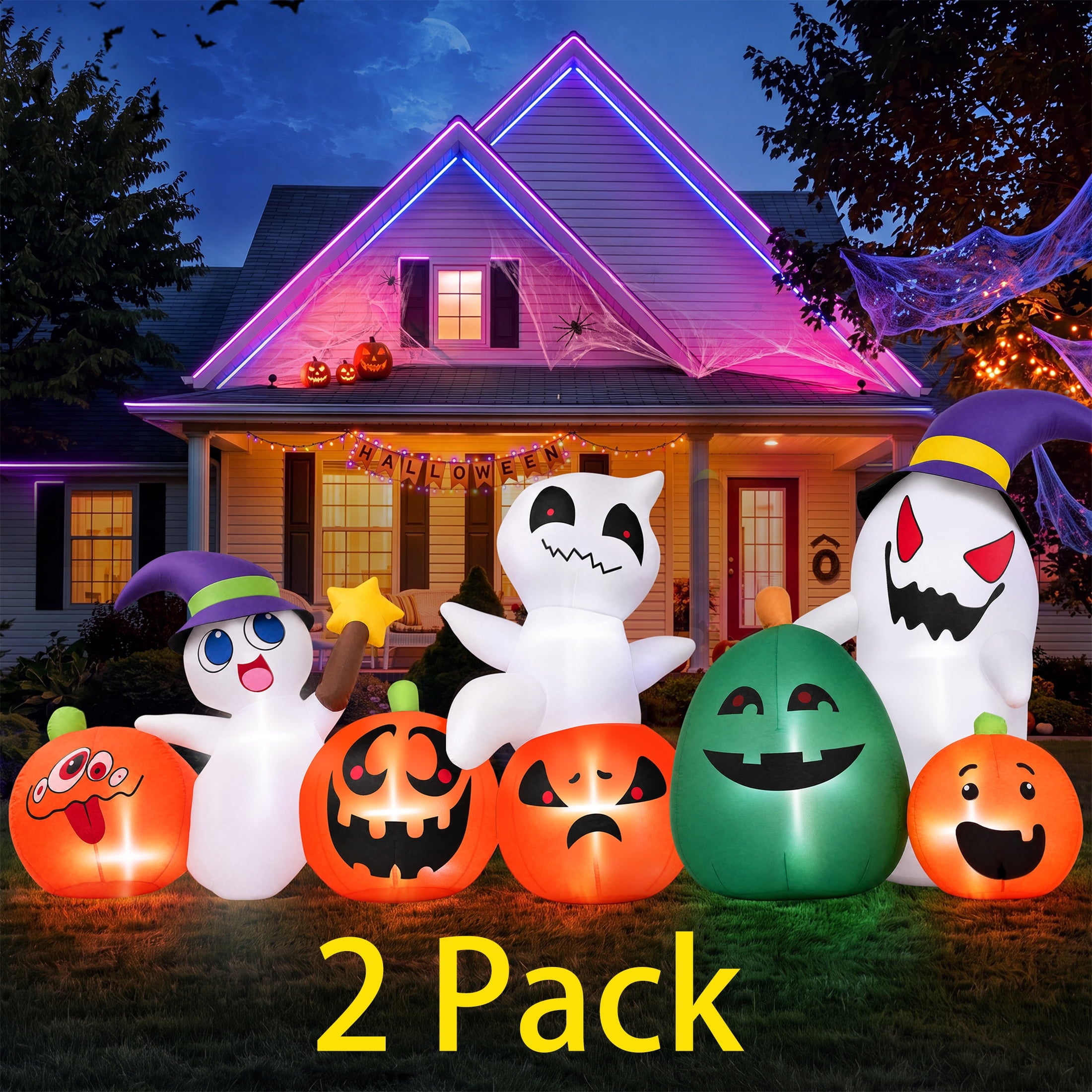 (2 pack) 7ft Long Halloween Inflatable with Lights,Pumpkin Ghost for Outdoor Decorations