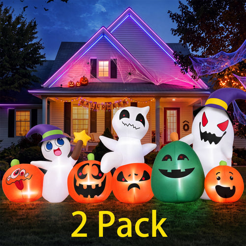 (2 pack) 7ft Long Halloween Inflatable with Lights,Pumpkin Ghost for Outdoor Decorations