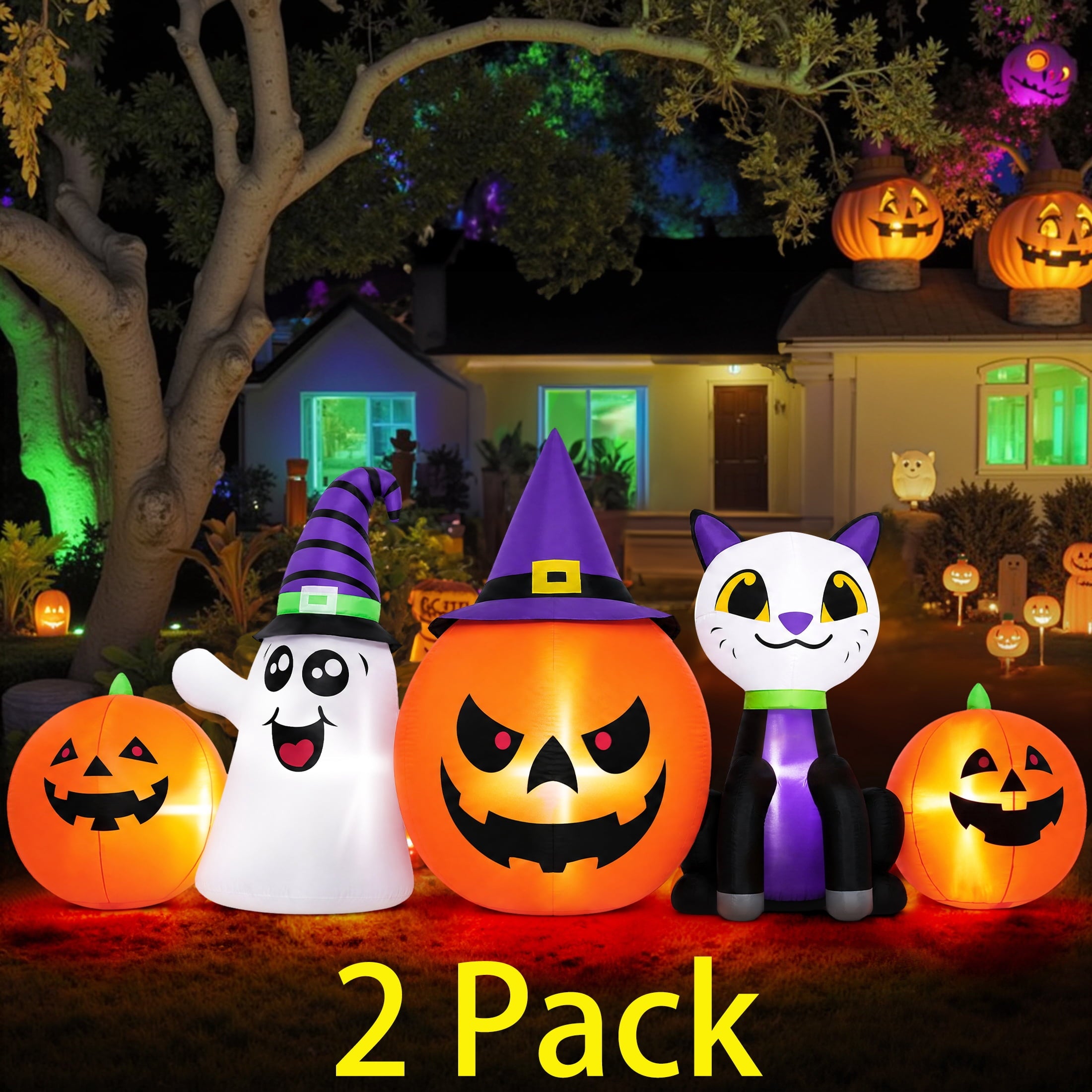 (2 pack) 8FT Halloween Inflatable Pumpkins Ghost Cat with Lights,Blow ups Outdoor Decorations for Yard