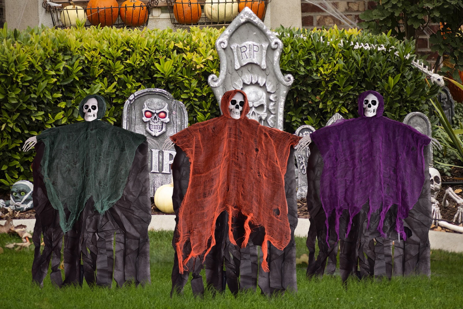 Nifti Nest Halloween Skeleton, 3 Pcs Ghost Decorations, Halloween Props, Halloween Yard Decorations, Black,Green,Red