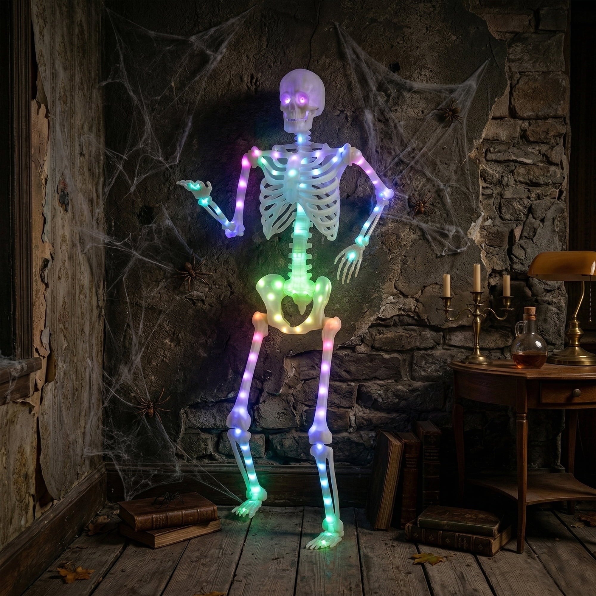 5-Foot Poseable Rainbow LED Illuminated Skeleton, Halloween Hanging Decoration
