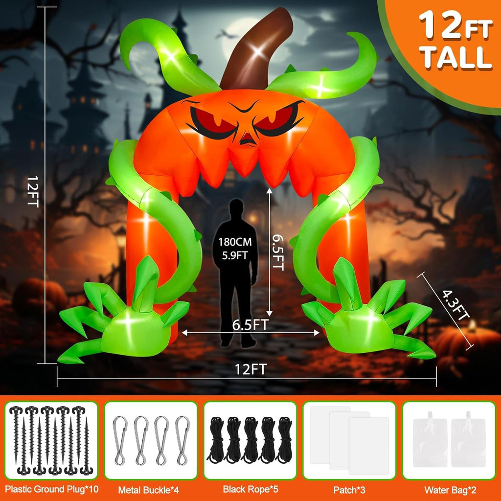 12FT Giant Halloween Pumpkin Arch Inflatable with LED Lights, Scary Blow-Up Decoration for Lawn, Garden, and Yard Holiday Party