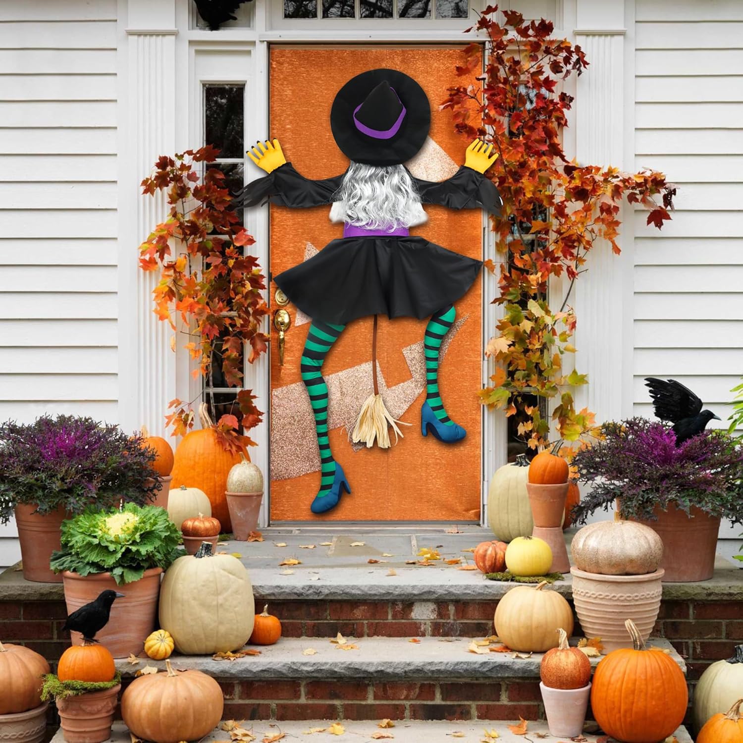 Crashing Witch into Tree Large Halloween Decorations Outside, 63" Flying Witch Crashing Halloween Decor, Hanging Witch Decor Outdoor Ornaments for Front Porch, Door, Yard, Tree, Fence