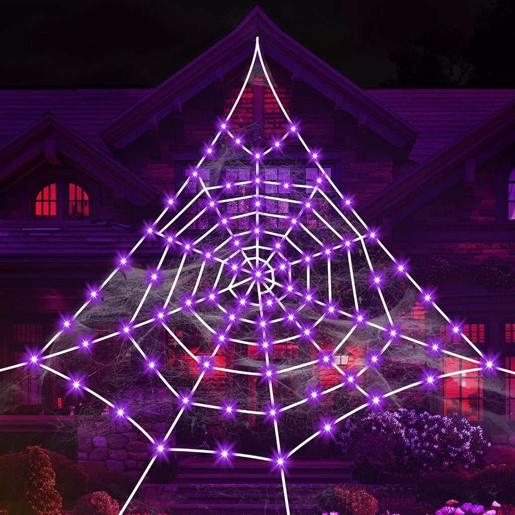 HKKDKTA Halloween Spider Web Lights Decoration, 250 LED Giant Spider Web 16.4ft Light Up Halloween Web Lights for Yard, Porch Decor (Purple)