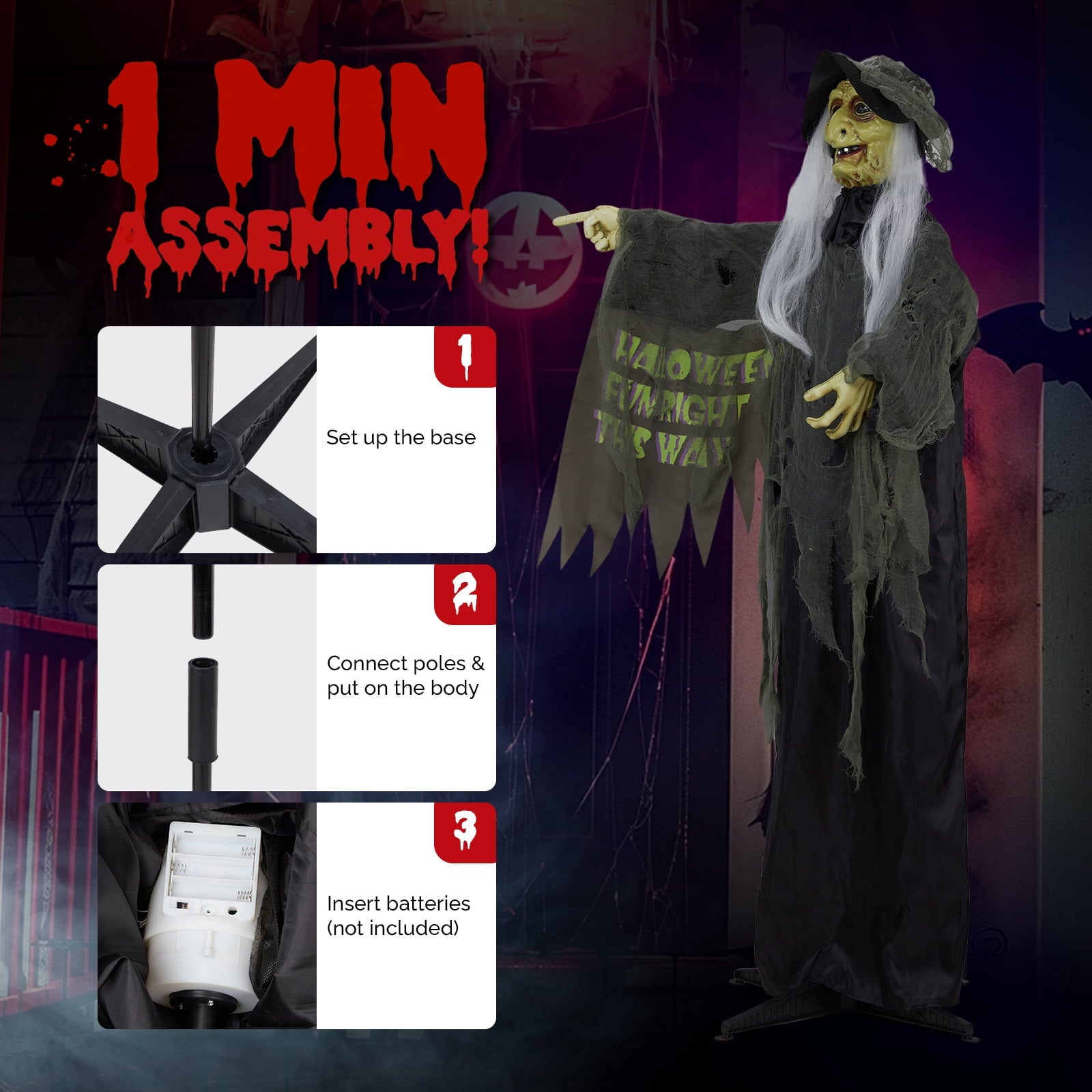 6FT Halloween Animatronic Witch Standing Outdoor Halloween Decoration w/ Red Eyes,Scary Sounds