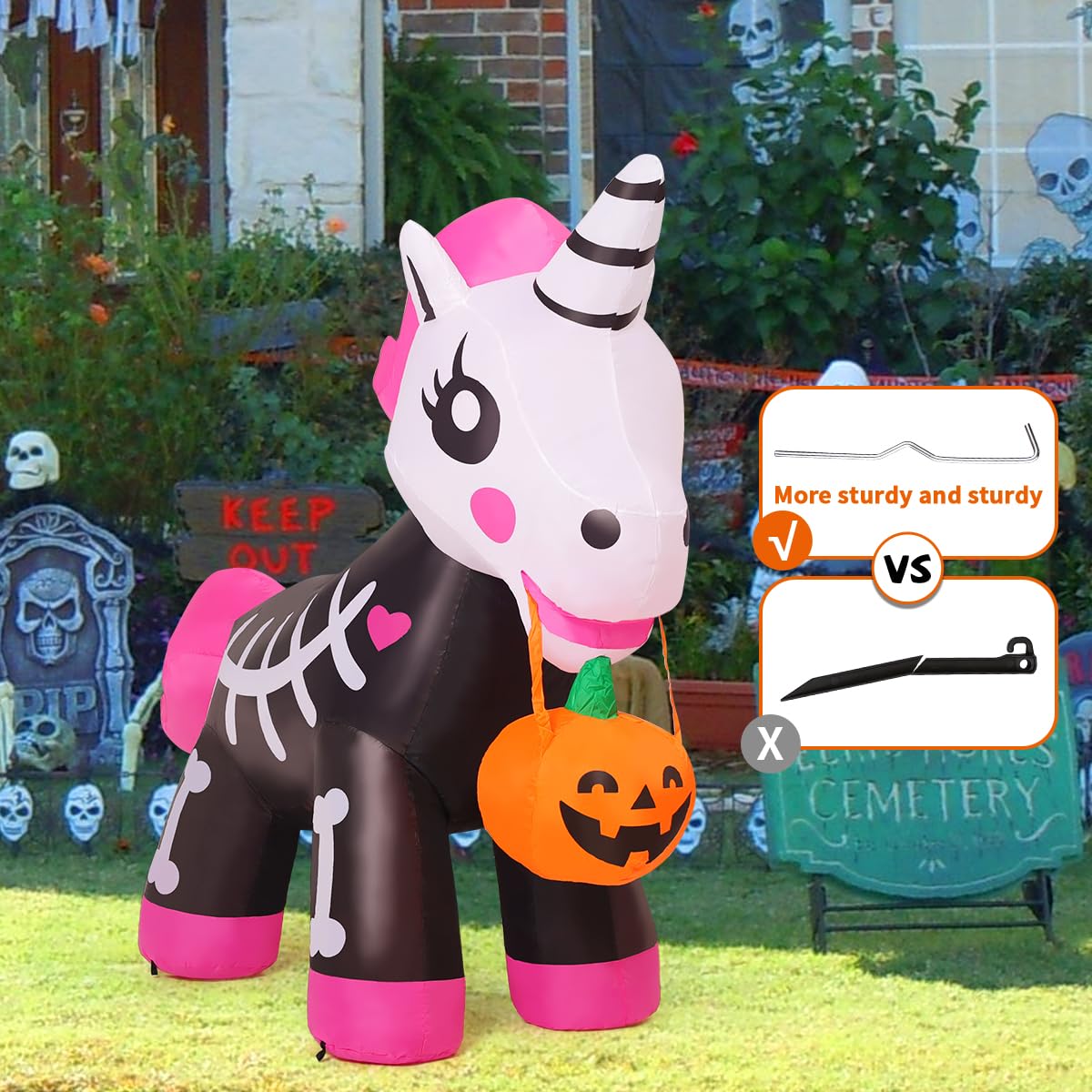 COMIN 5 FT Halloween Inflatables Skeleton Unicorn Outdoor Decorations Blow Up Yard Pink Cute with Built-in LEDs for Indoor Party Garden Lawn Decor