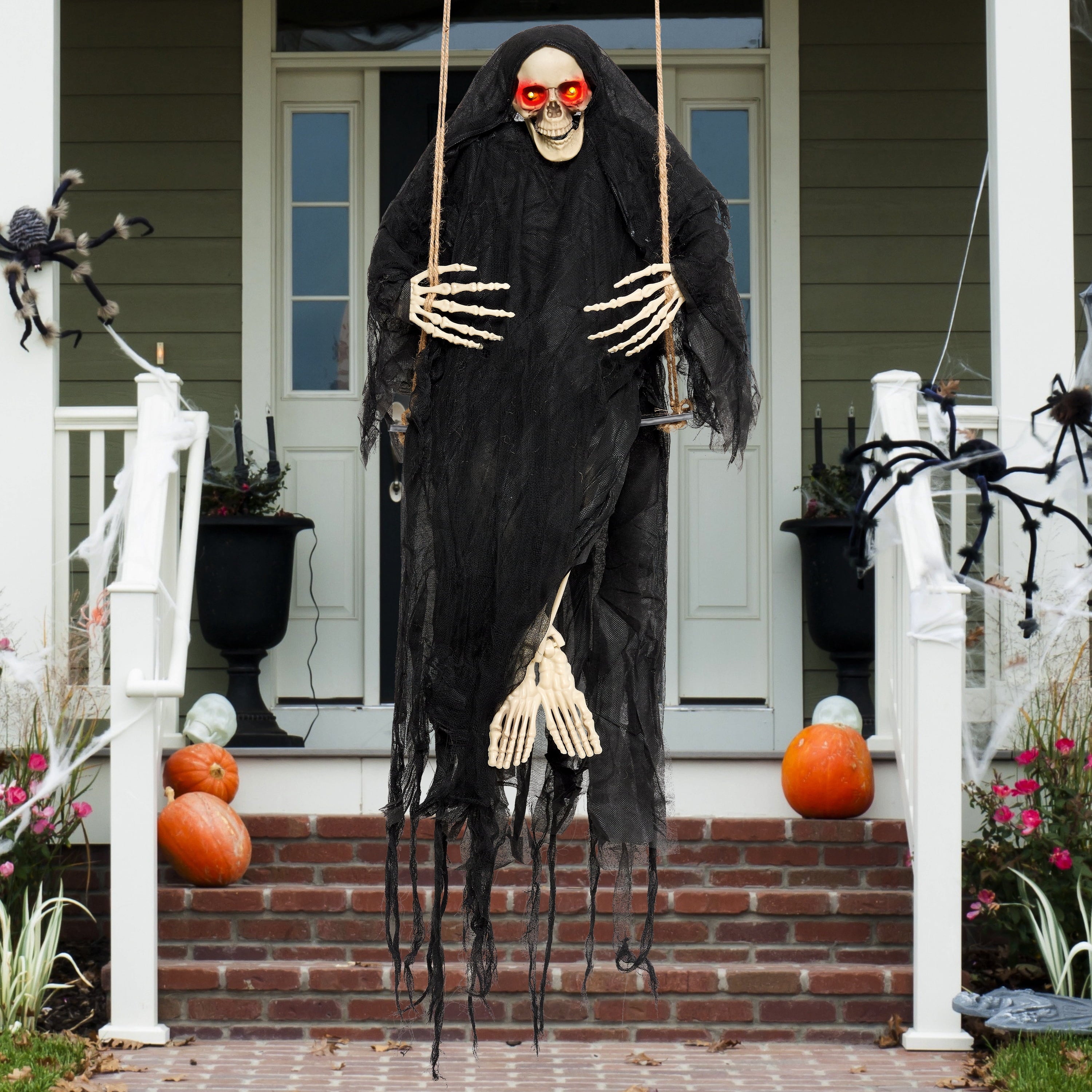 3 FT Halloween Hanging Swinging Skeleton,Light Up Creepy Grim Reaper with Black Hood Decorations for Halloween Hanging Decorations Indoor Outdoor Yard Home Decorations