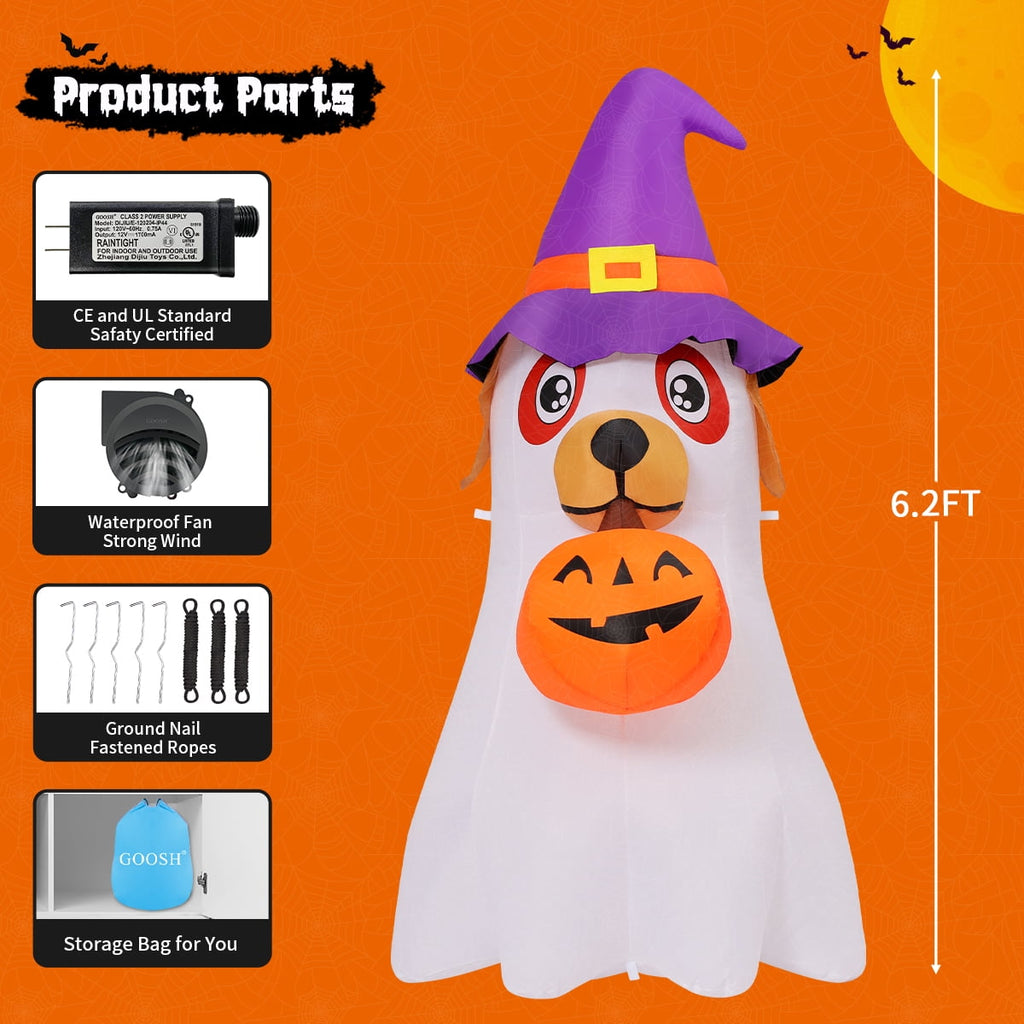 Halloween Inflatables 6 FT Inflatable Ghost Dog with Pumpkin in Mouth & Witch Hat, Halloween Ghost Dog Inflatables with LED Lights, Outdoor Halloween Decorations for Halloween Holiday Party