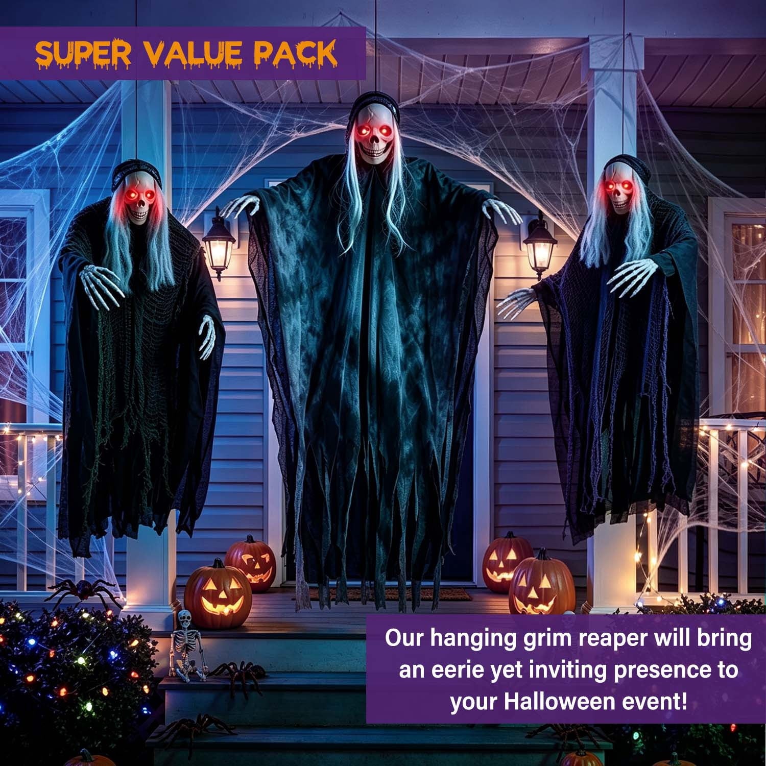 3 Pack Hanging Skeleton Ghosts for Halloween Decorations Outdoor, Grim Reaper for Halloween Decor