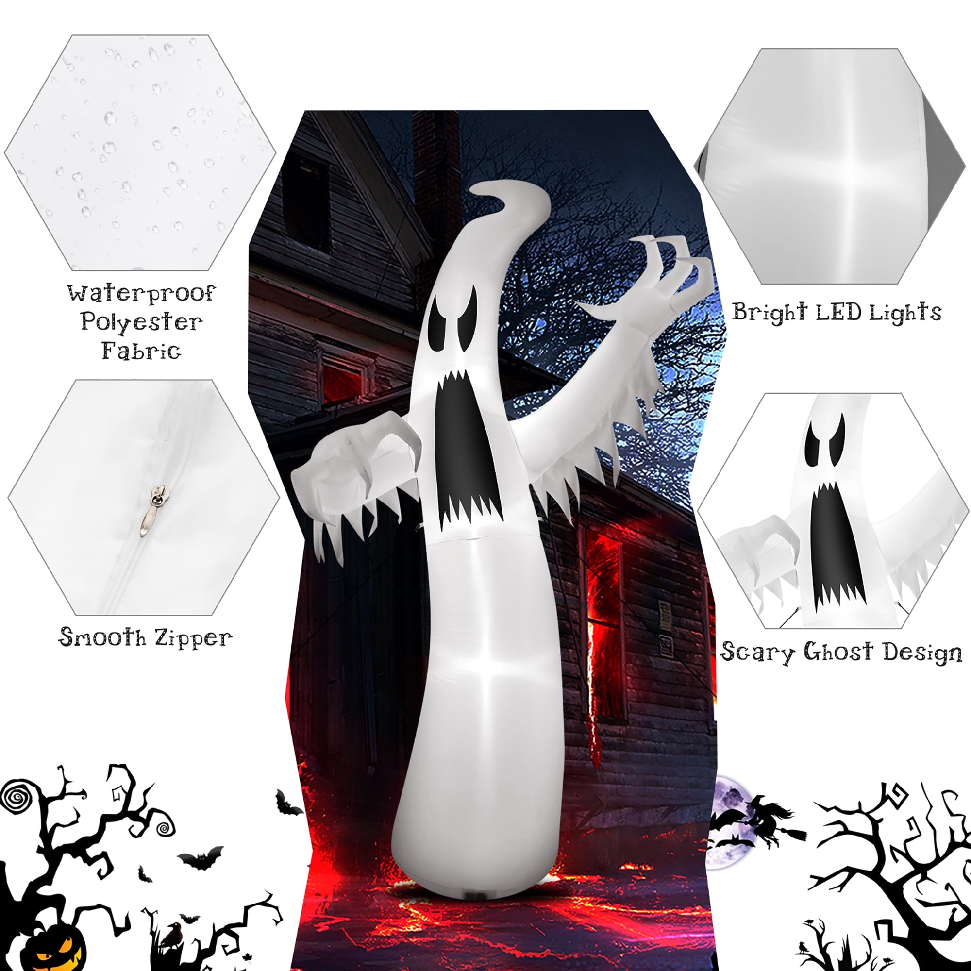 Costway 12ft Halloween Inflatable Ghost Quick Blow up w/LED Lights Outdoor Yard Scary Decoration