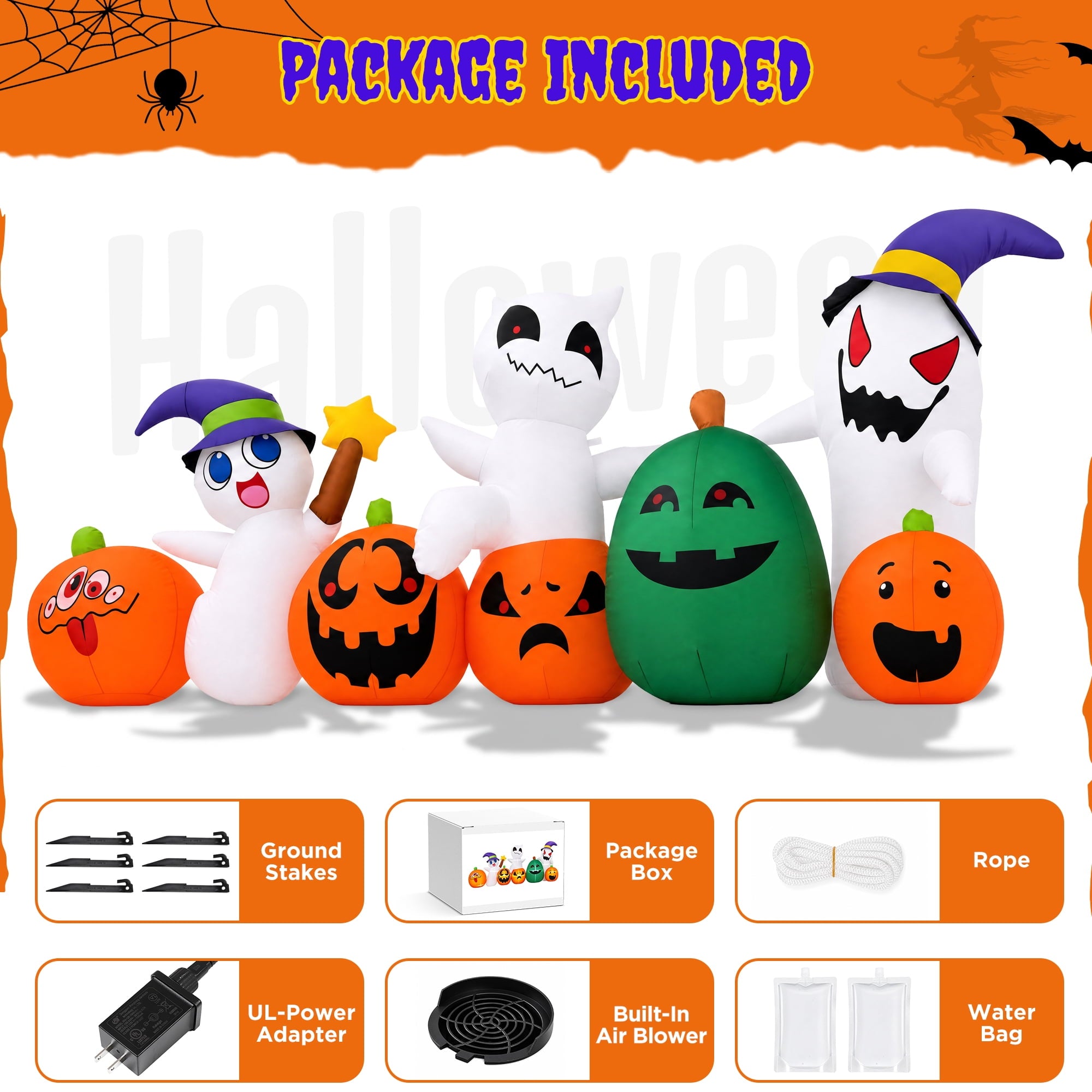 (2 pack) 7ft Long Halloween Inflatable with Lights,Pumpkin Ghost for Outdoor Decorations