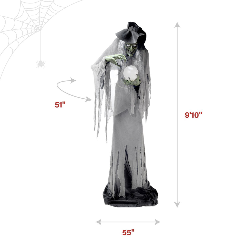 Towering Witch Halloween Animatronic with Glowing Eyes & Magic Ball, 9.8-Ft