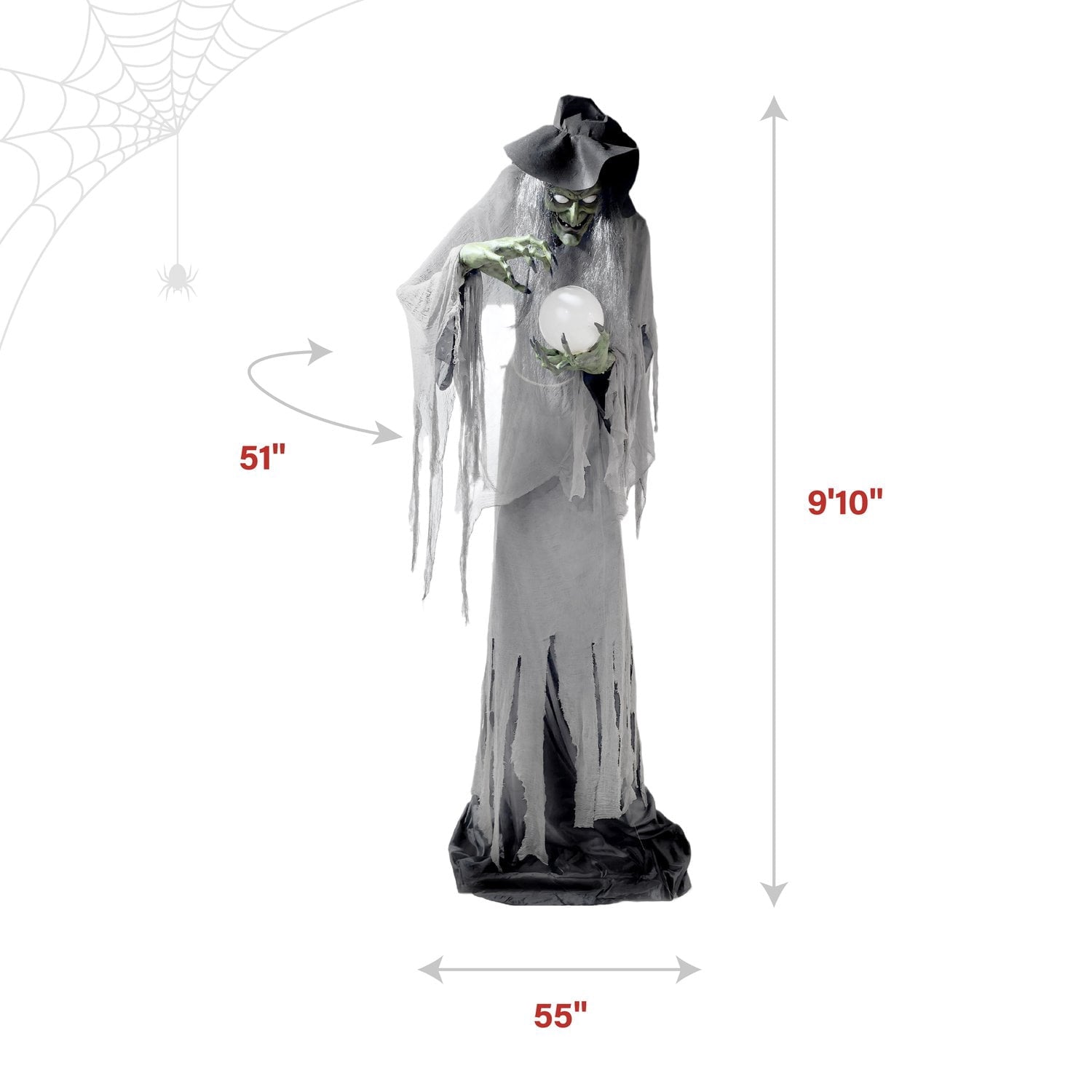Towering Witch Halloween Animatronic with Glowing Eyes & Magic Ball, 9.8-Ft