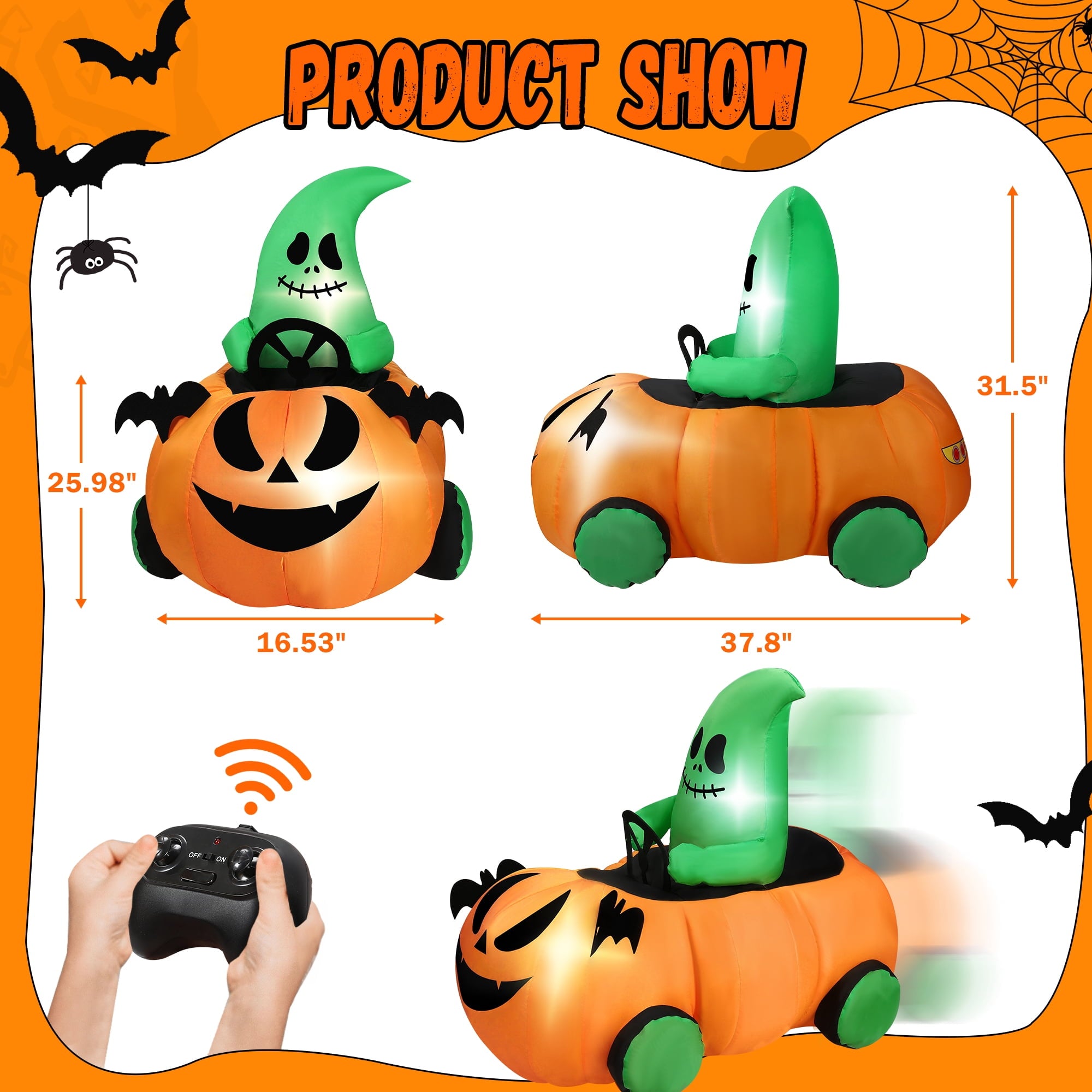 2.6ft Halloween Inflatable with Music and Lights,Remote Control Pumpkin Ghost Car,Blow ups Rc Car,Indoor Outdoor,Orange Green