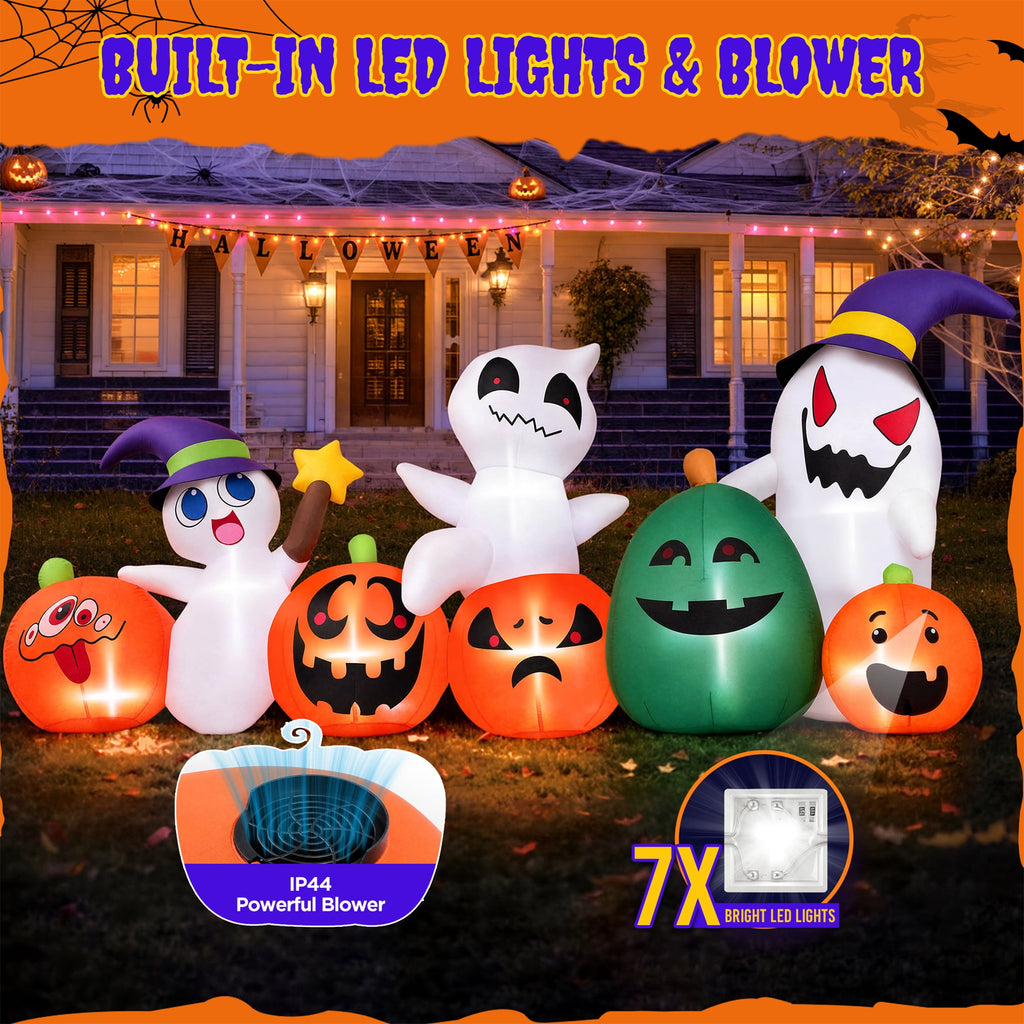 (2 pack) 7ft Long Halloween Inflatable with Lights,Pumpkin Ghost for Outdoor Decorations