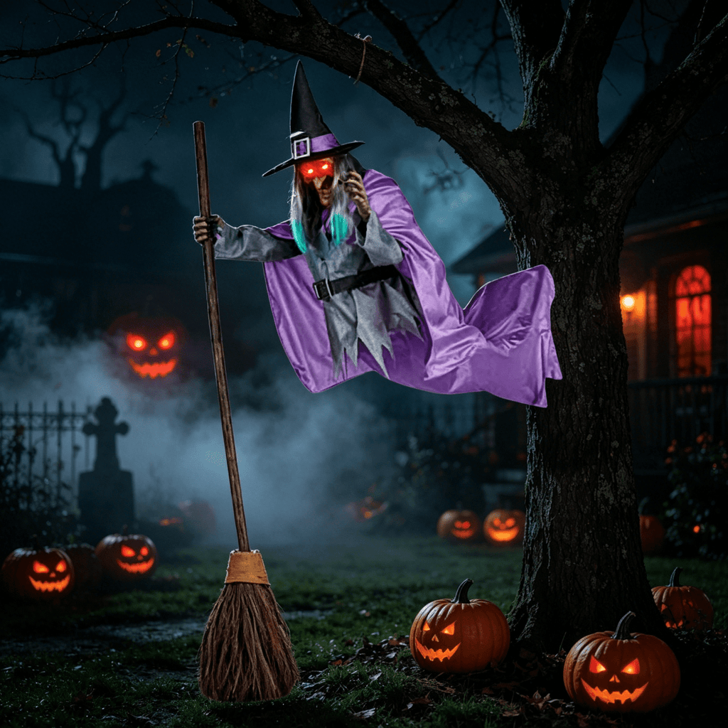 Witch Decorations Halloween 6 FT Scary Flying Witch Decorations Animatronics Halloween Props with Scary Sounds and Lights Decorations for Outside Indoor Garden Yard