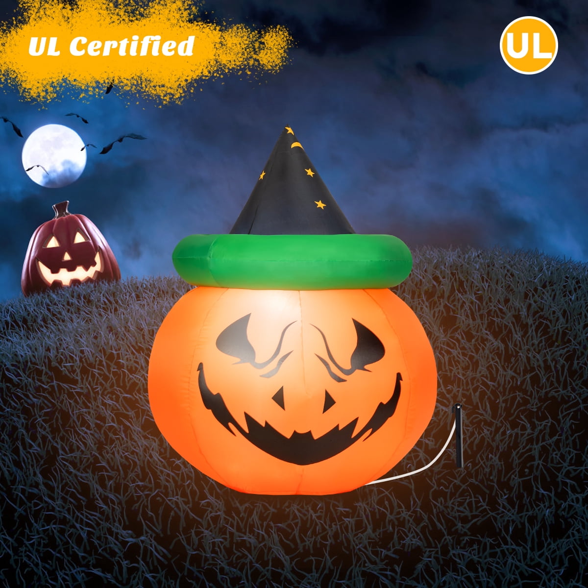 Patiojoy Halloween Decoration 4 Ft Blow-up Inflatable Pumpkin With Witch Hat LED Bulbs Yard