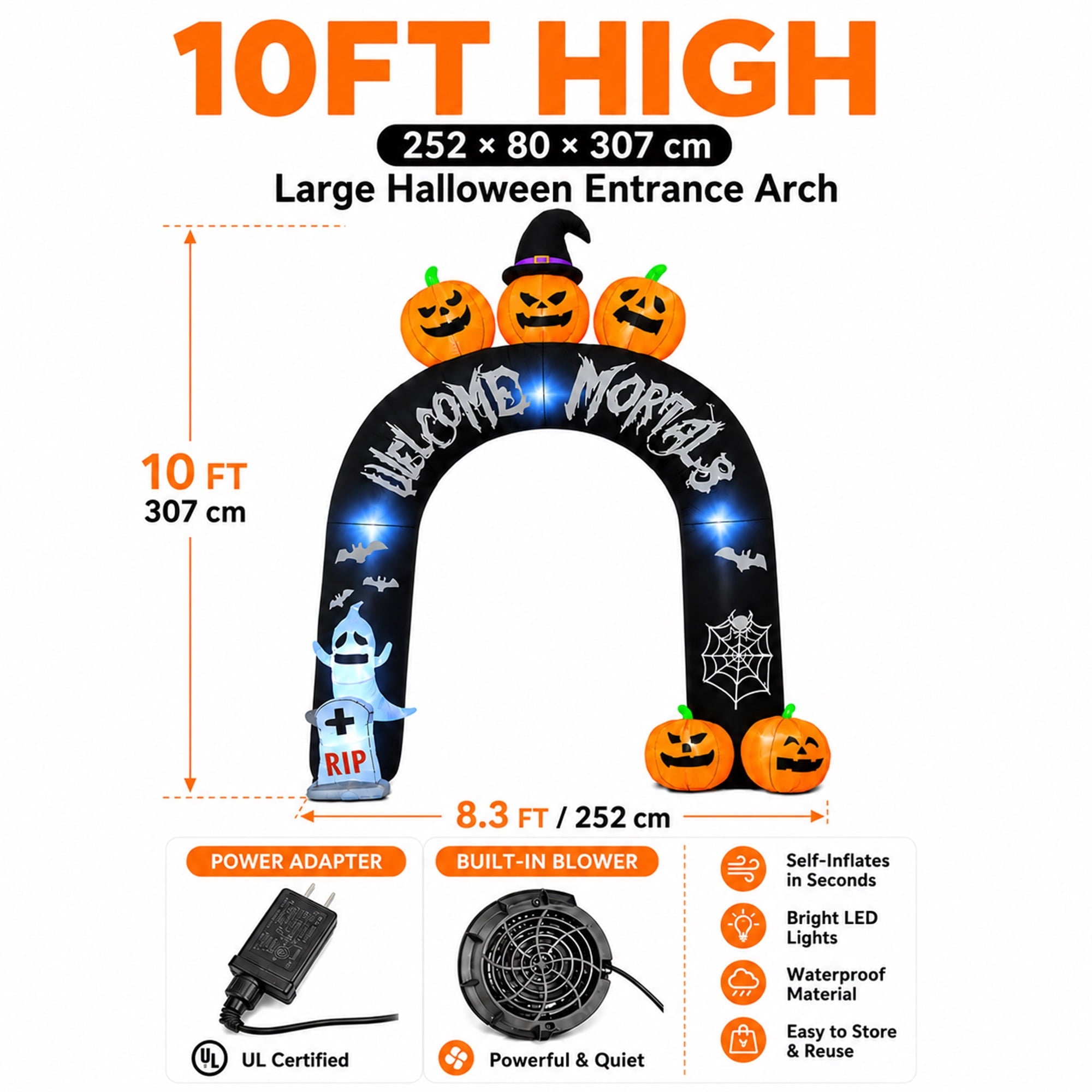 10FT Halloween Inflatable Arch for Outdoor Decor, LED Lighted Scary Archway with Ghost & Pumpkin, Blow Up Yard Decoration for Haunted Party Graveyard